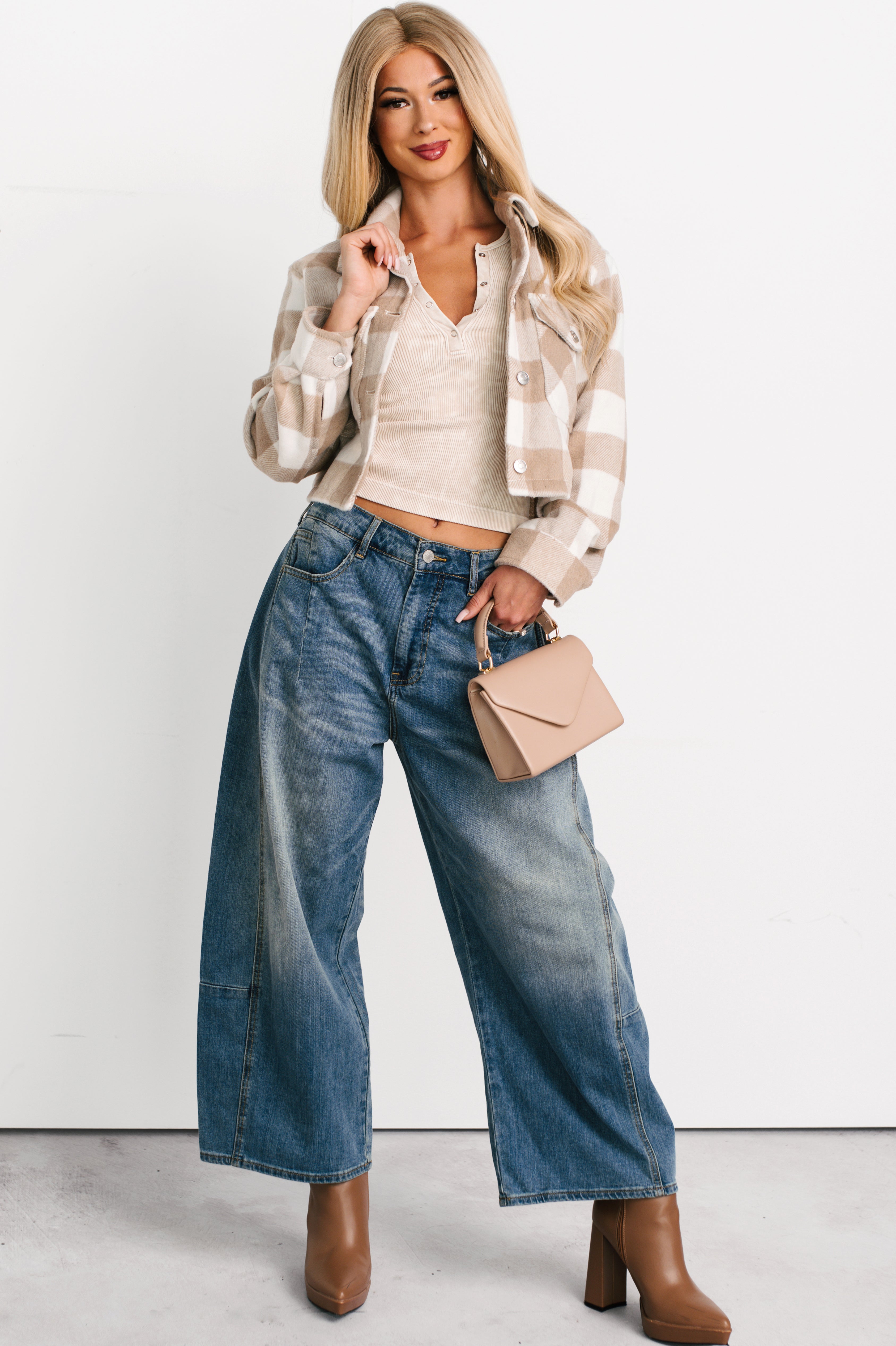 Autumn Aesthetic Plaid Crop Jacket (Khaki)-The Formal Wear