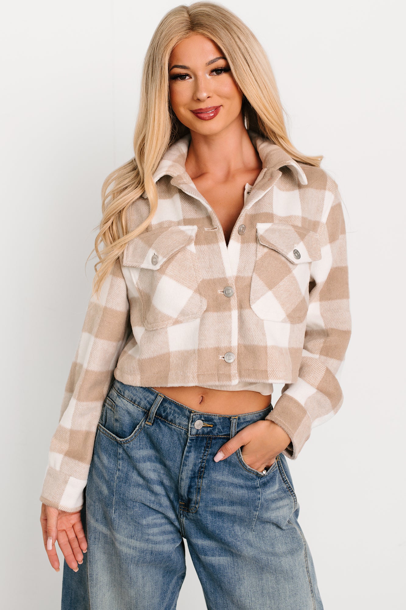 Autumn Aesthetic Plaid Crop Jacket (Khaki)-The Formal Wear