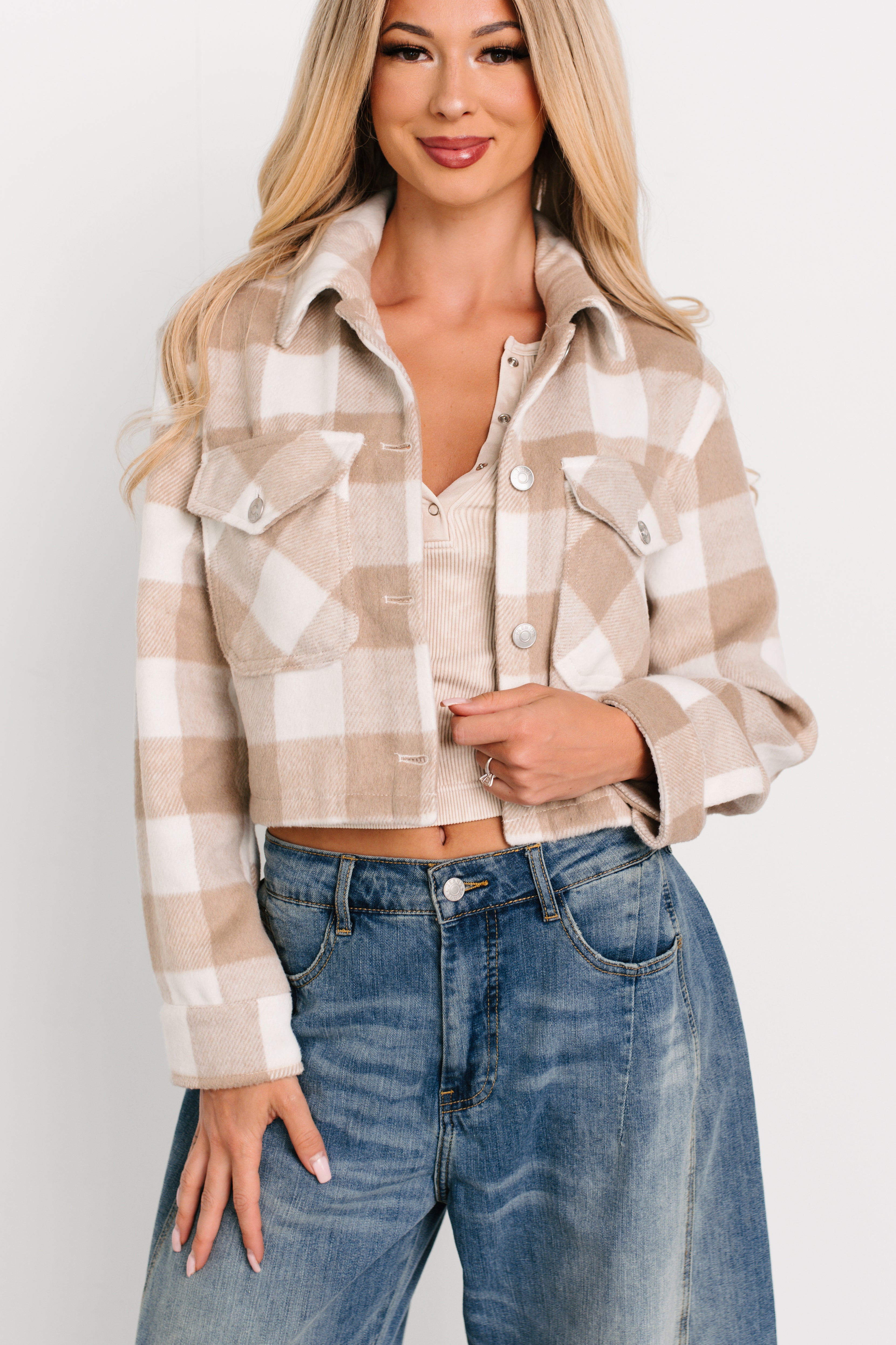 Autumn Aesthetic Plaid Crop Jacket (Khaki)-The Formal Wear