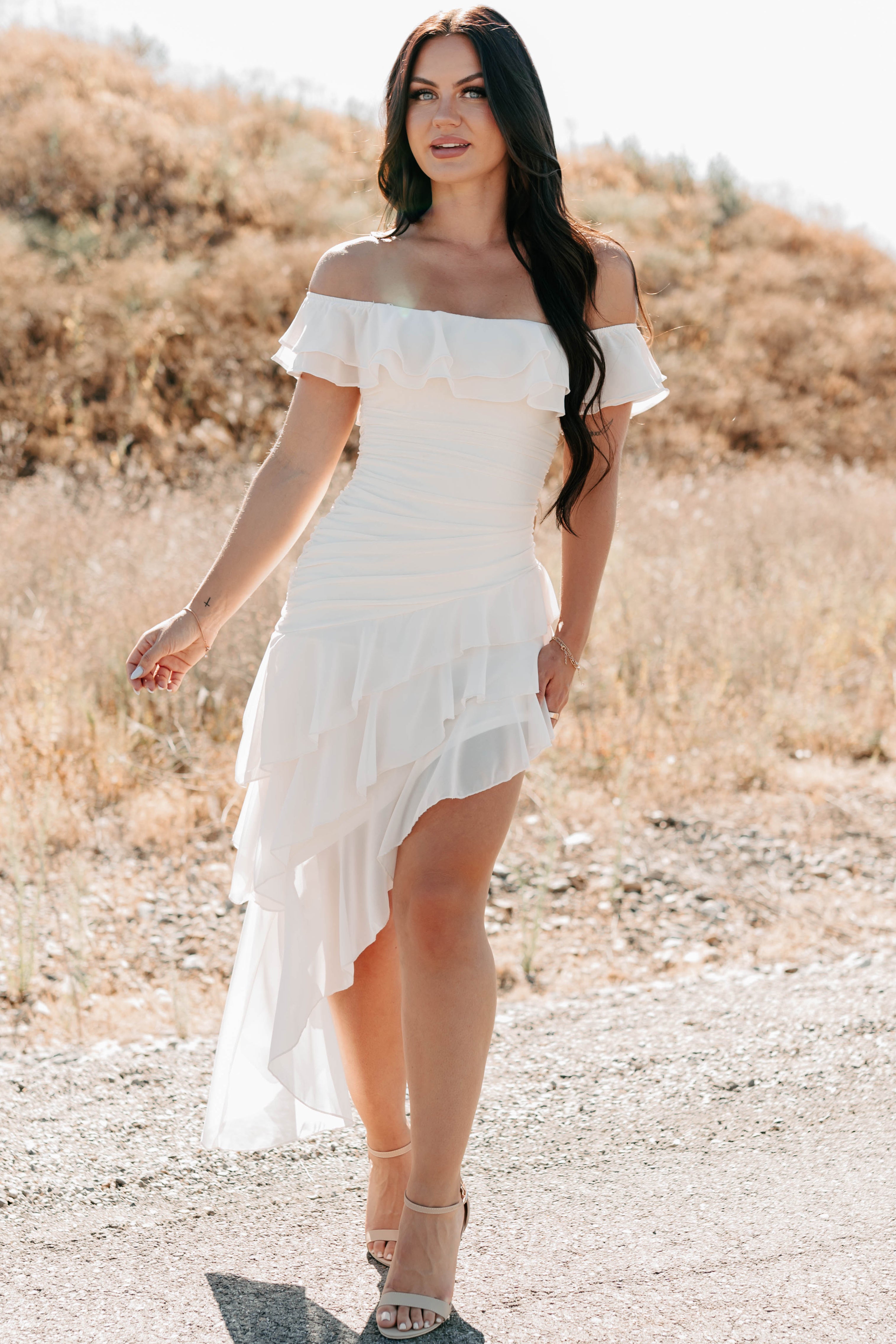 Perfectly Peachy Off The Shoulder Mini Dress (Ivory)-The Formal Wear