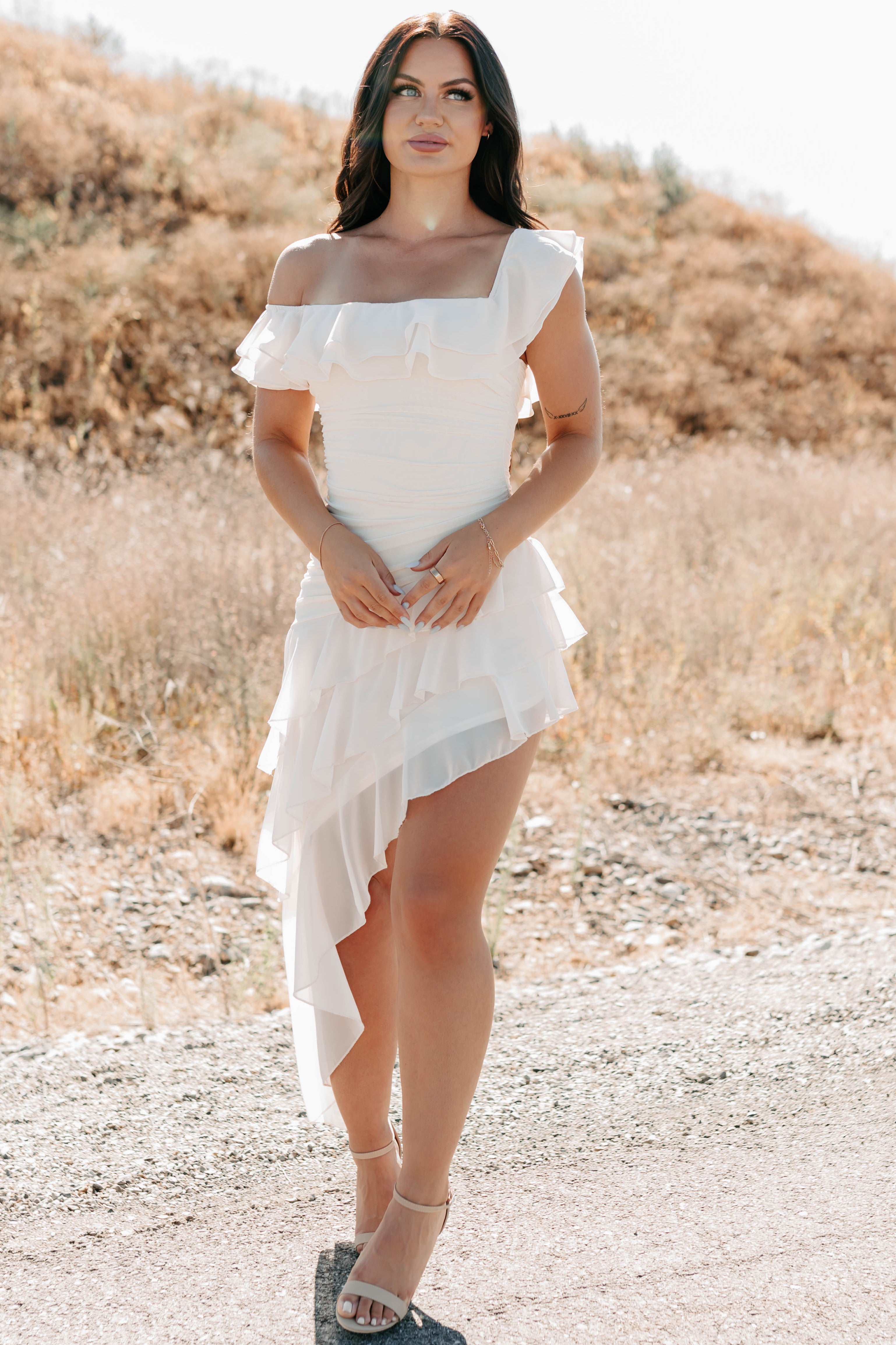 Perfectly Peachy Off The Shoulder Mini Dress (Ivory)-The Formal Wear