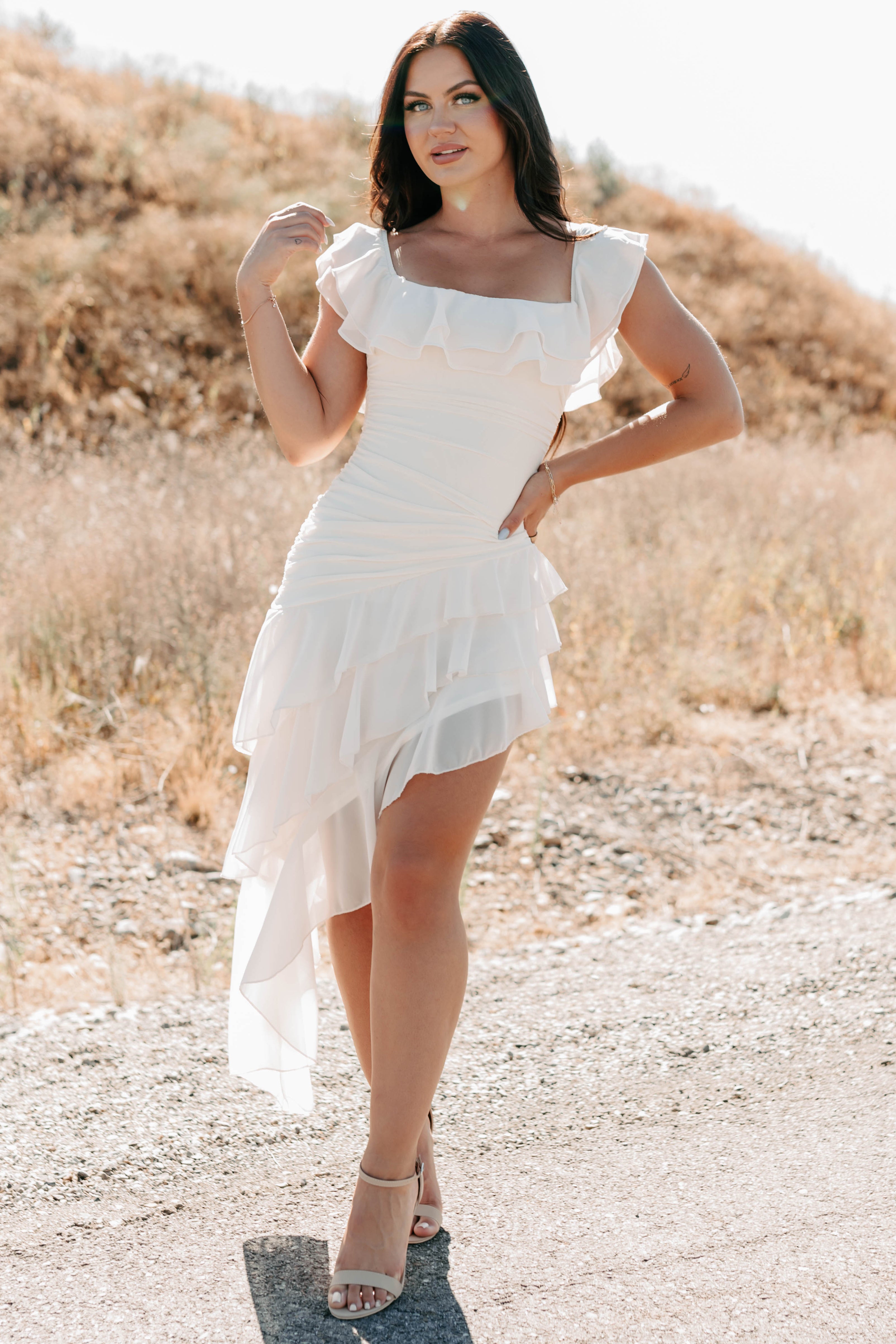 Perfectly Peachy Off The Shoulder Mini Dress (Ivory)-The Formal Wear
