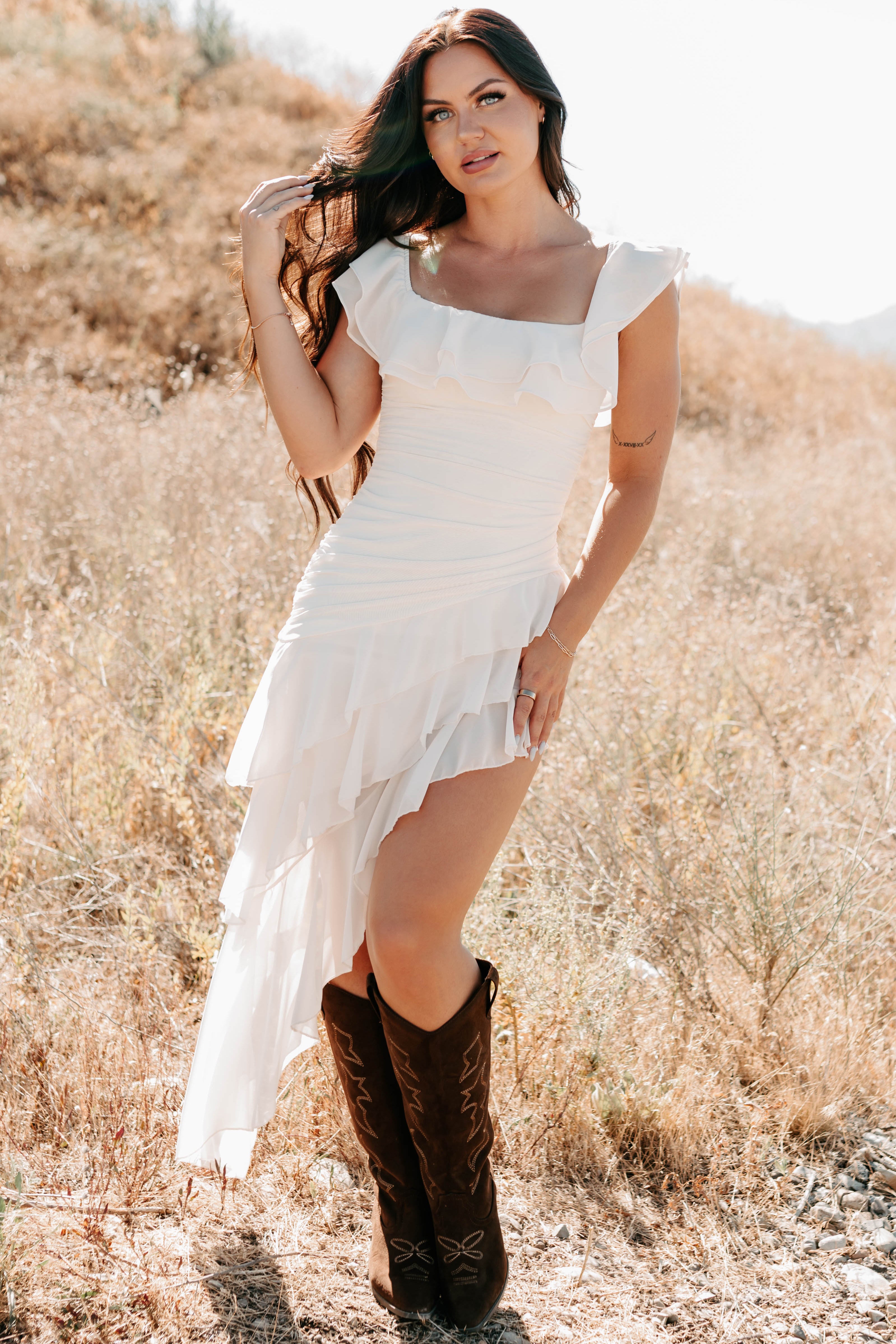 Perfectly Peachy Off The Shoulder Mini Dress (Ivory)-The Formal Wear