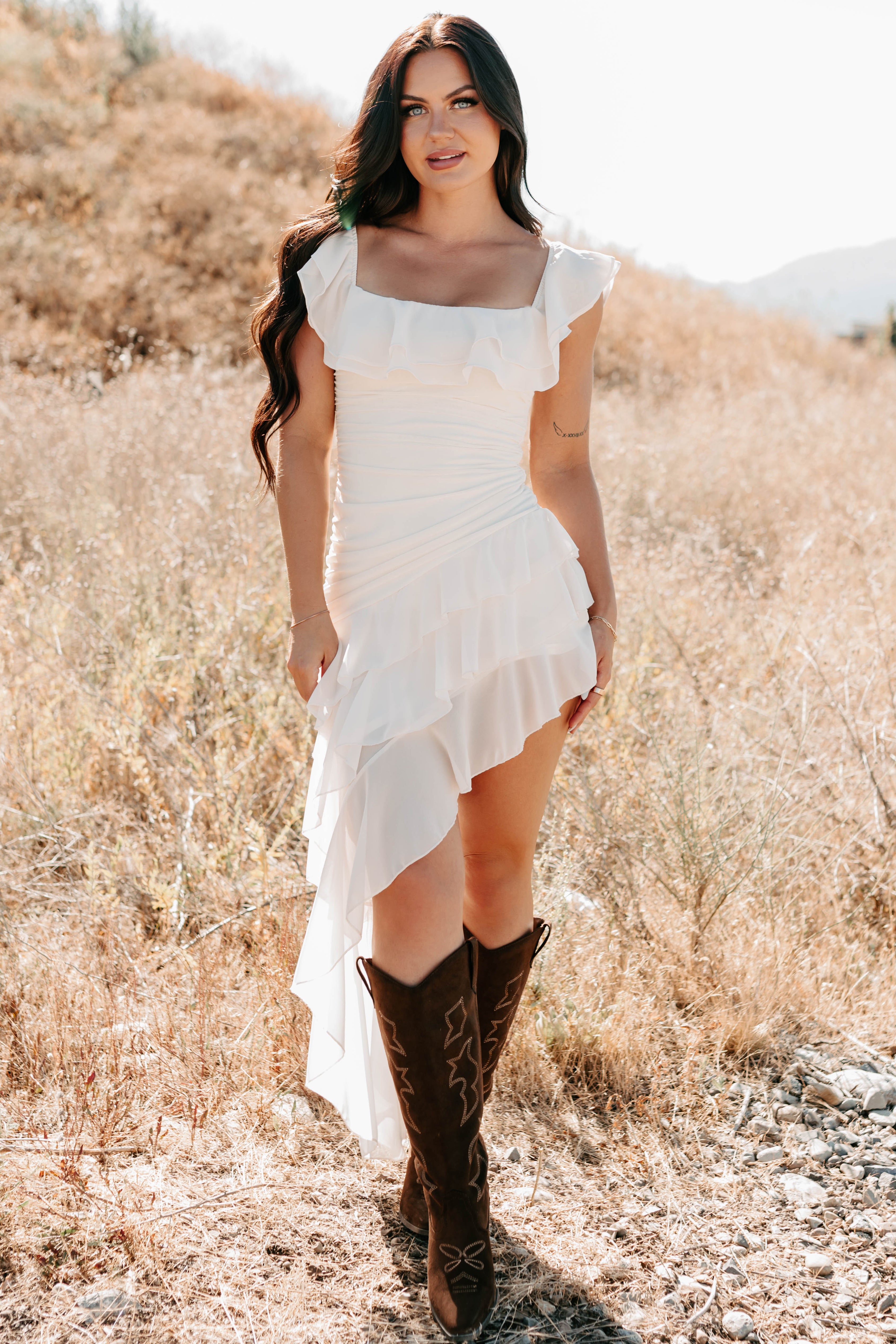 Perfectly Peachy Off The Shoulder Mini Dress (Ivory)-The Formal Wear