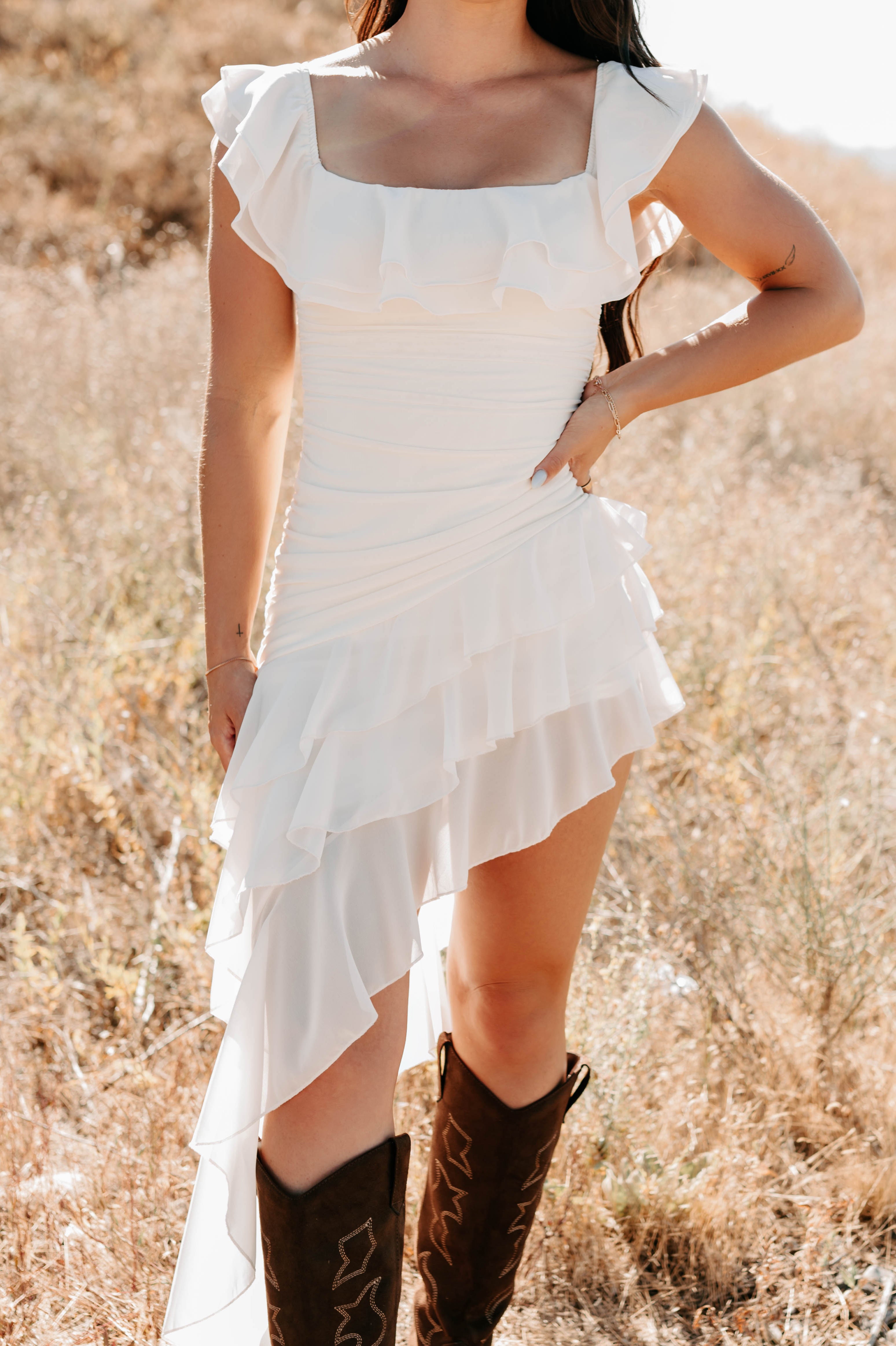 Perfectly Peachy Off The Shoulder Mini Dress (Ivory)-The Formal Wear