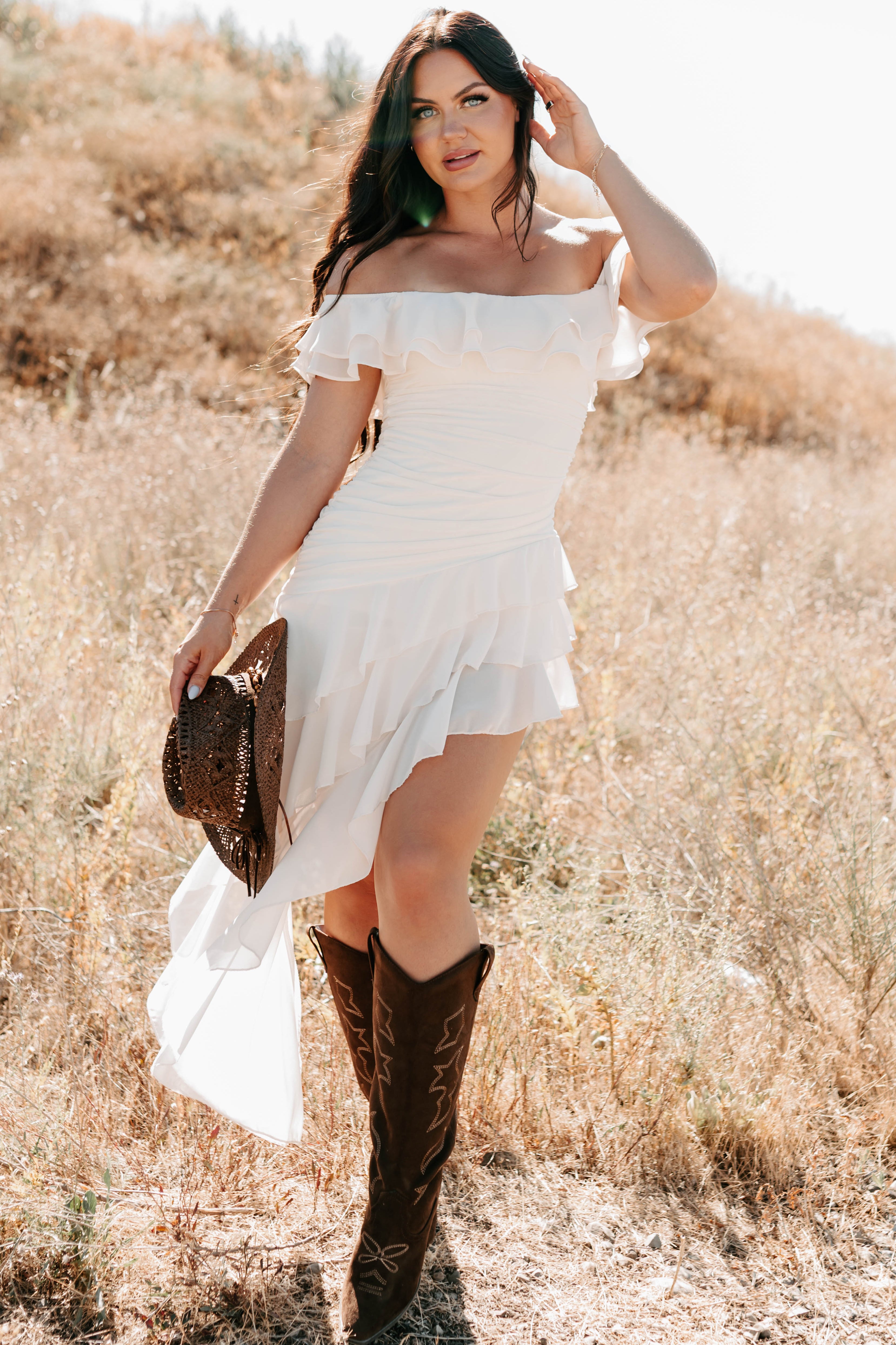 Perfectly Peachy Off The Shoulder Mini Dress (Ivory)-The Formal Wear