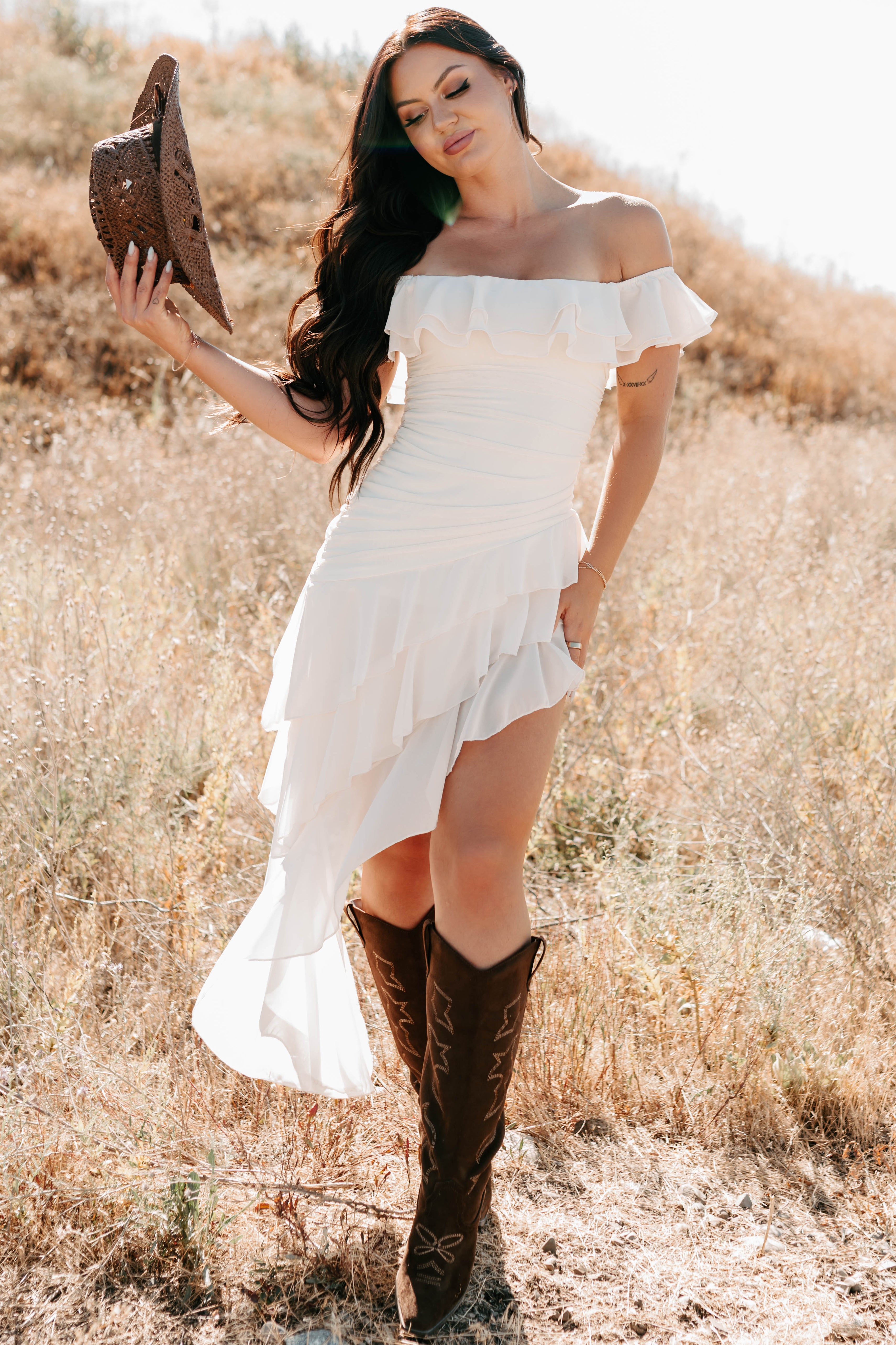 Perfectly Peachy Off The Shoulder Mini Dress (Ivory)-The Formal Wear