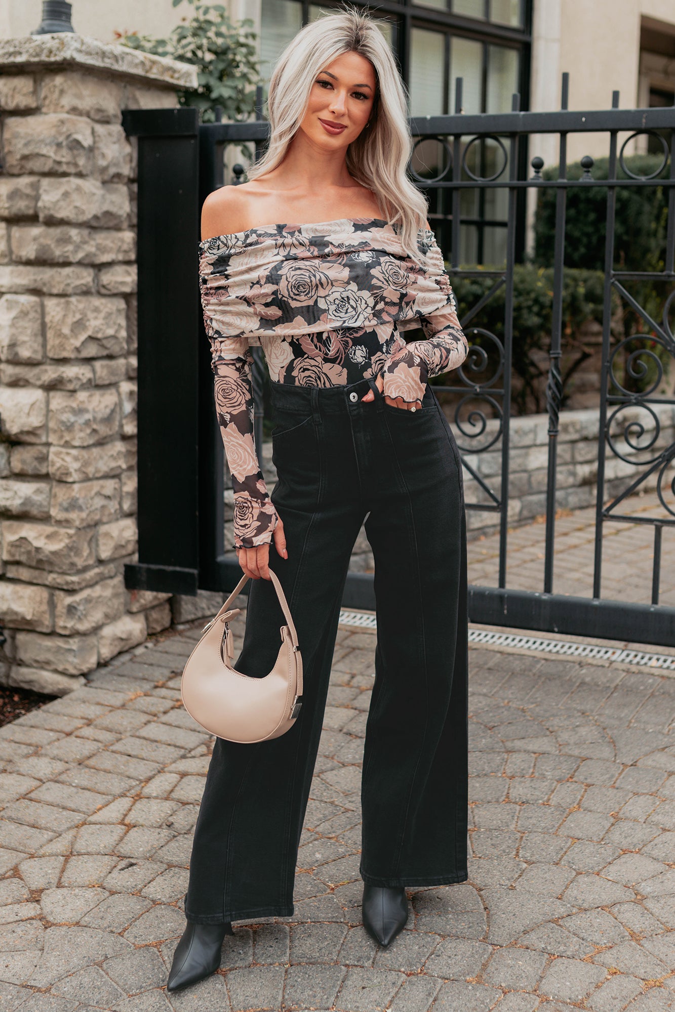 Feeling Rosy Off The Shoulder Floral Bodysuit (Black/Sand)-The Formal Wear