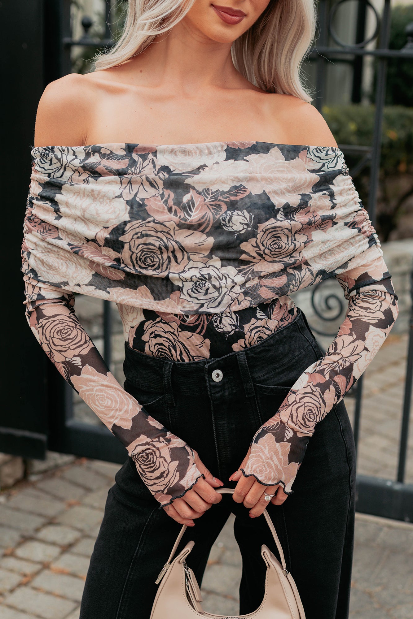 Feeling Rosy Off The Shoulder Floral Bodysuit (Black/Sand)-The Formal Wear