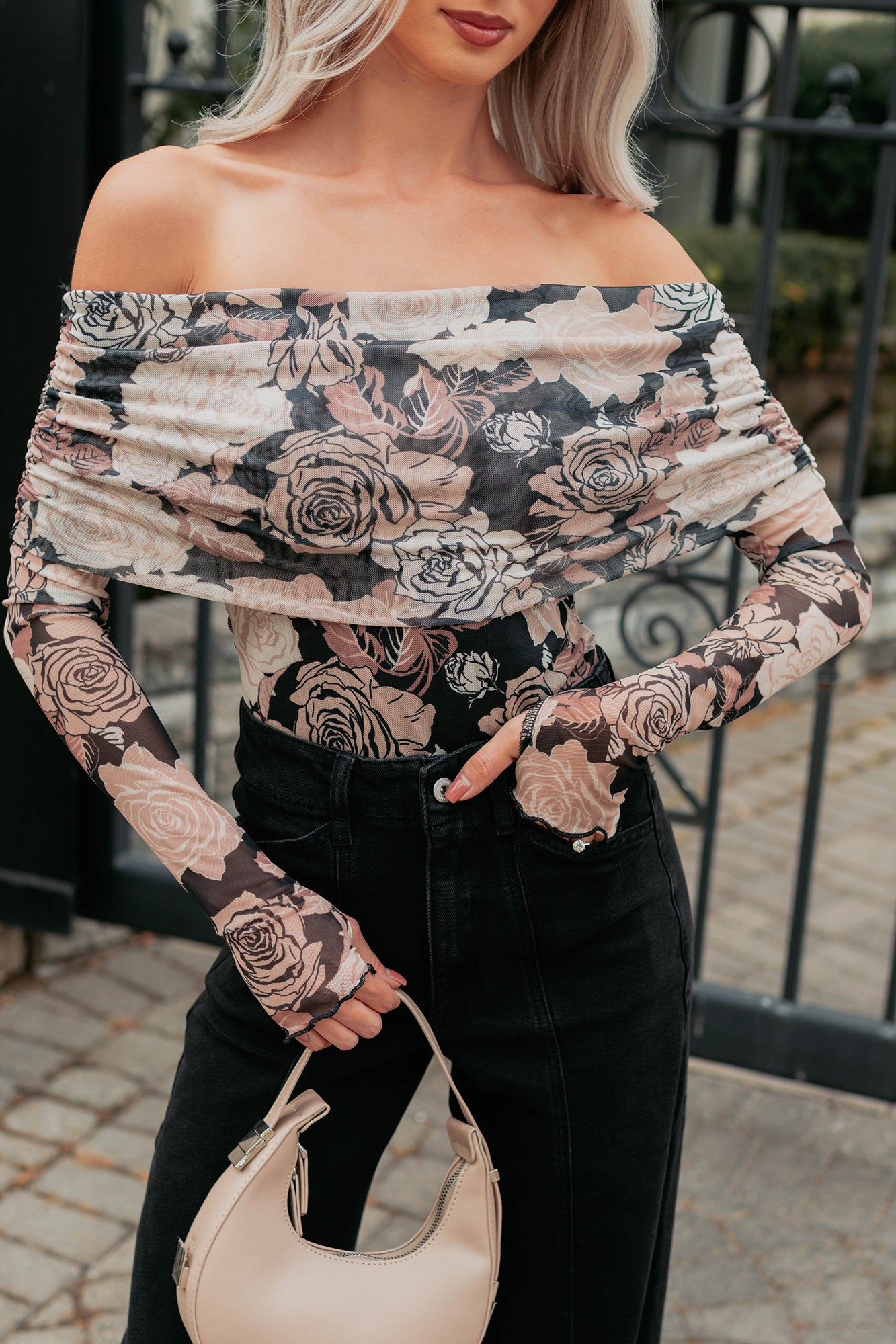 Feeling Rosy Off The Shoulder Floral Bodysuit (Black/Sand)-The Formal Wear
