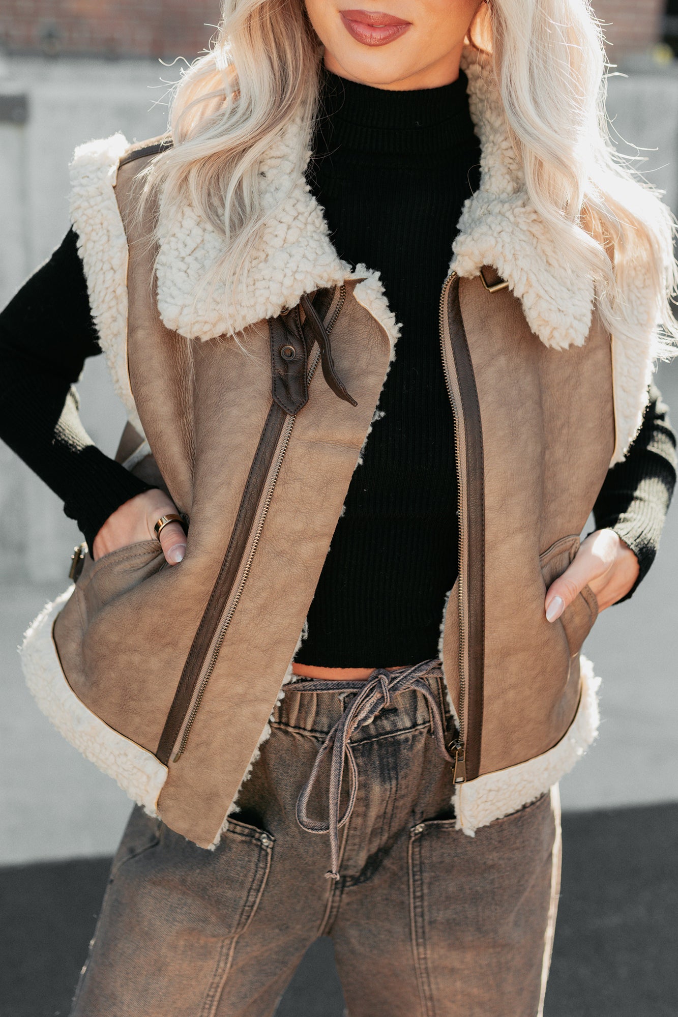 Pure Chill Sherpa Trim Faux Leather Vest (Truffle)-The Formal Wear