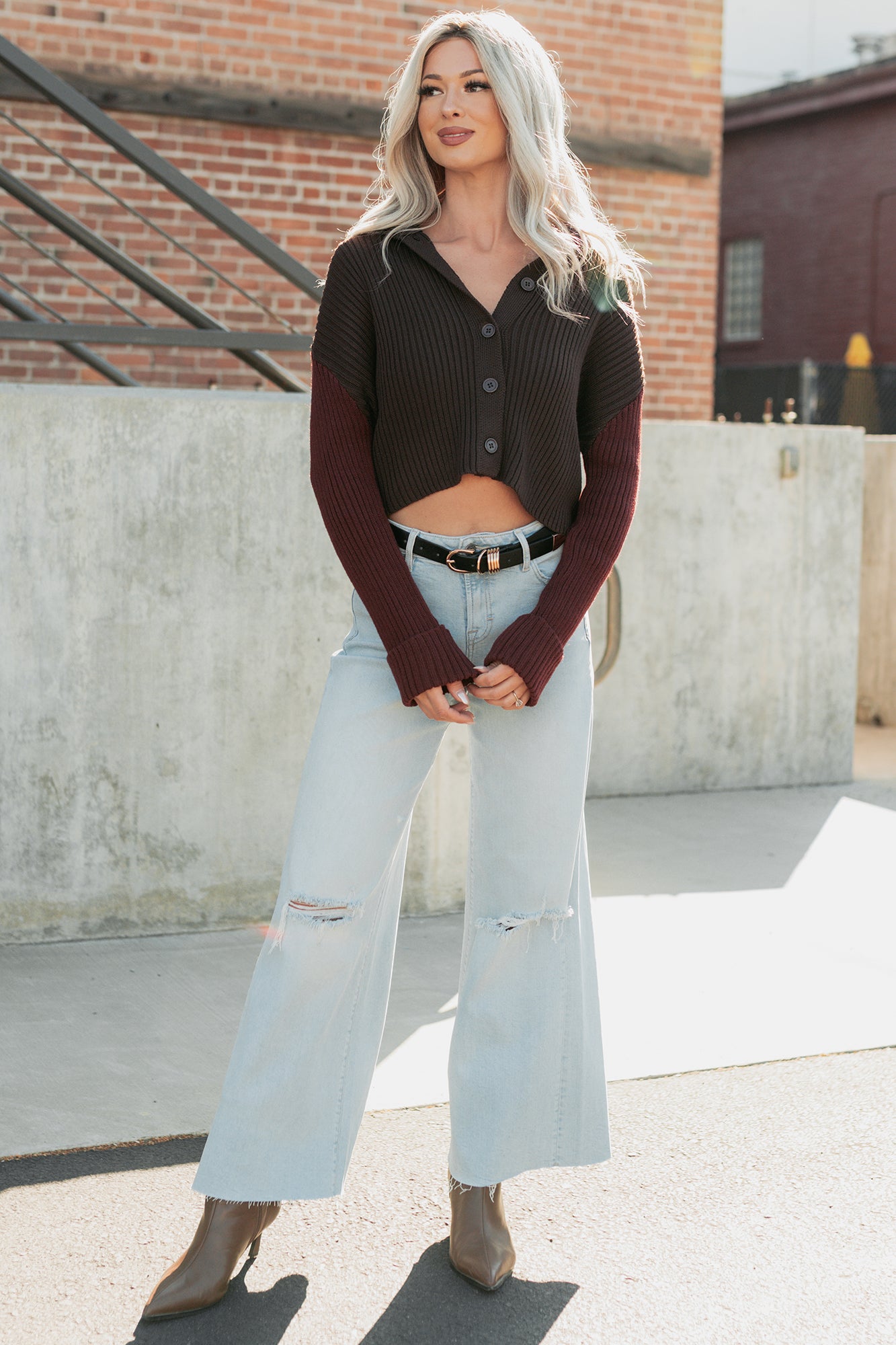 Dream Mirage Contrast Sleeve Cardigan Sweater (Espresso)-The Formal Wear