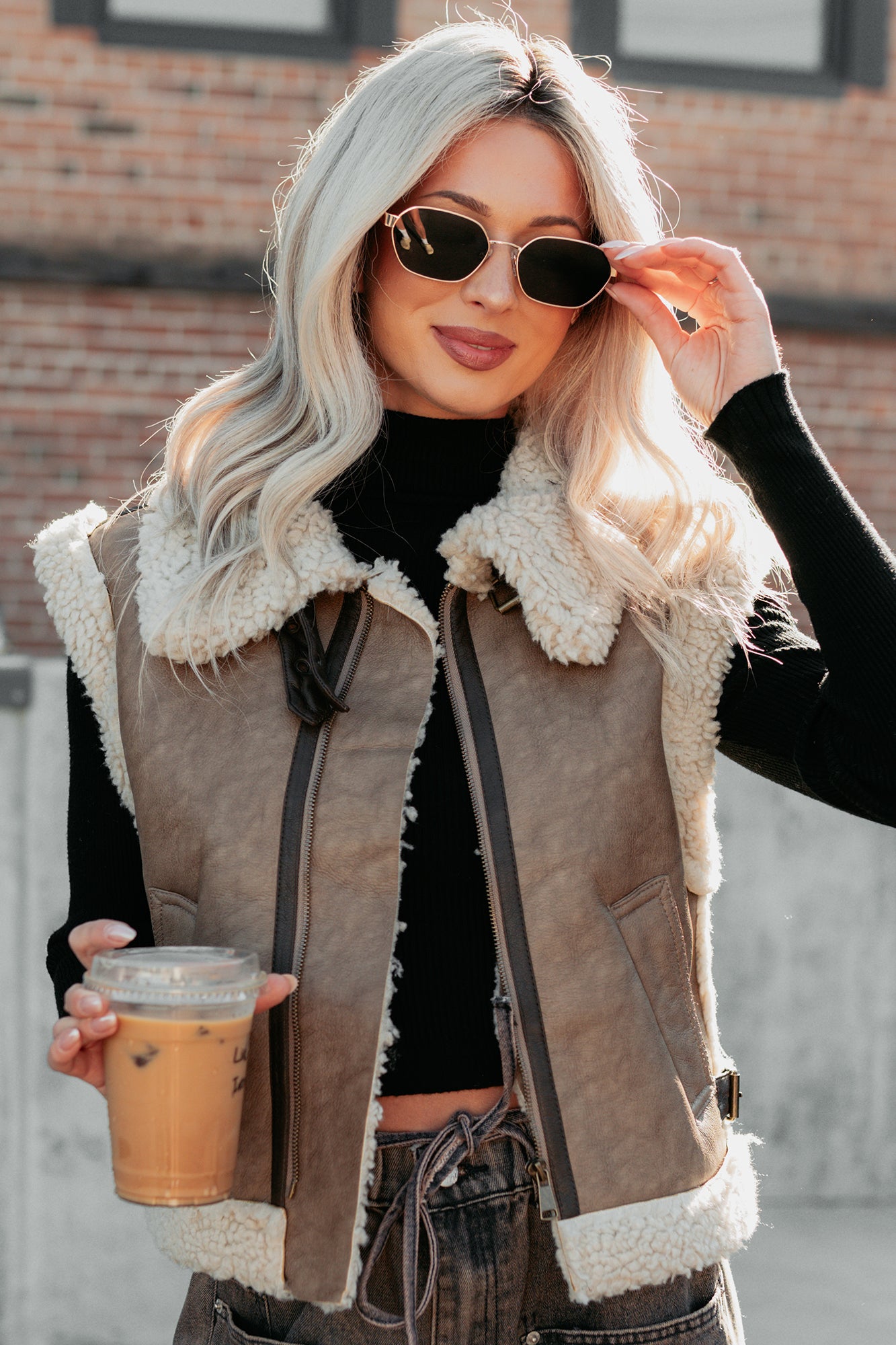 Pure Chill Sherpa Trim Faux Leather Vest (Truffle)-The Formal Wear