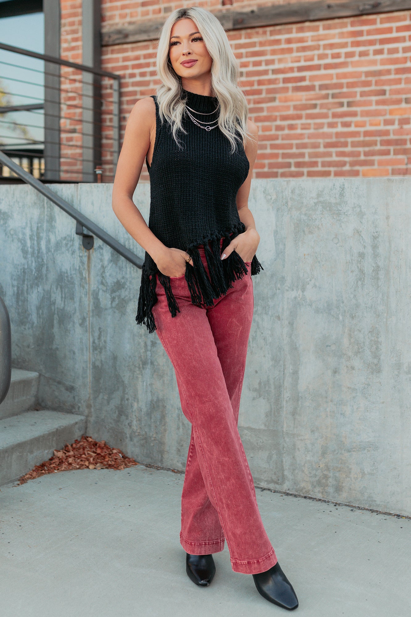 Haven Tummy Control Saige Denim Straight Jeans (Brick Red)-The Formal Wear