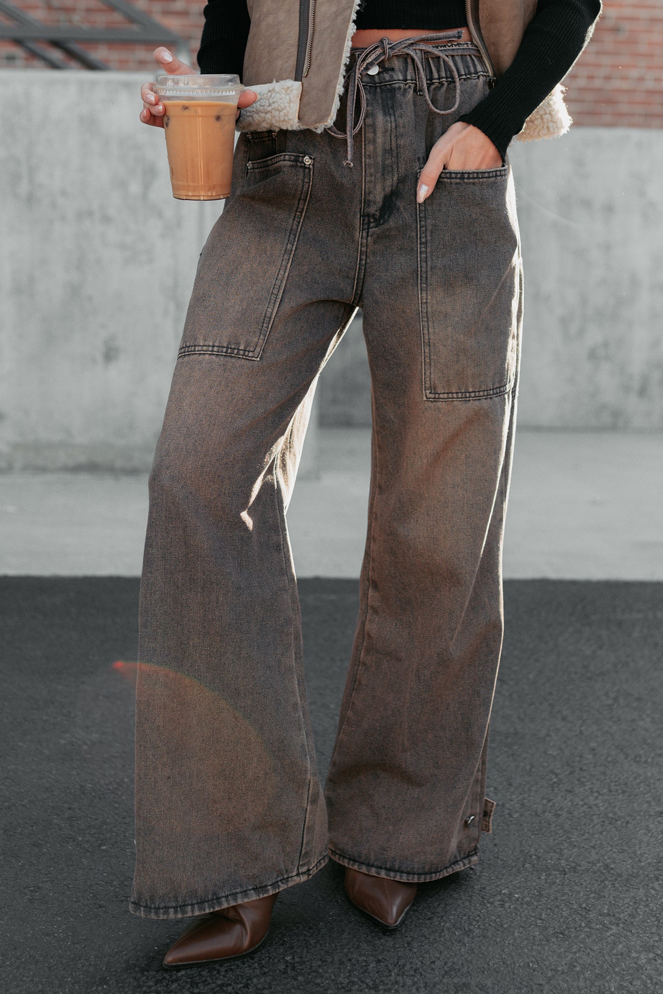 Hattie Wide Leg Washed Very J Jeans (Brown)-The Formal Wear