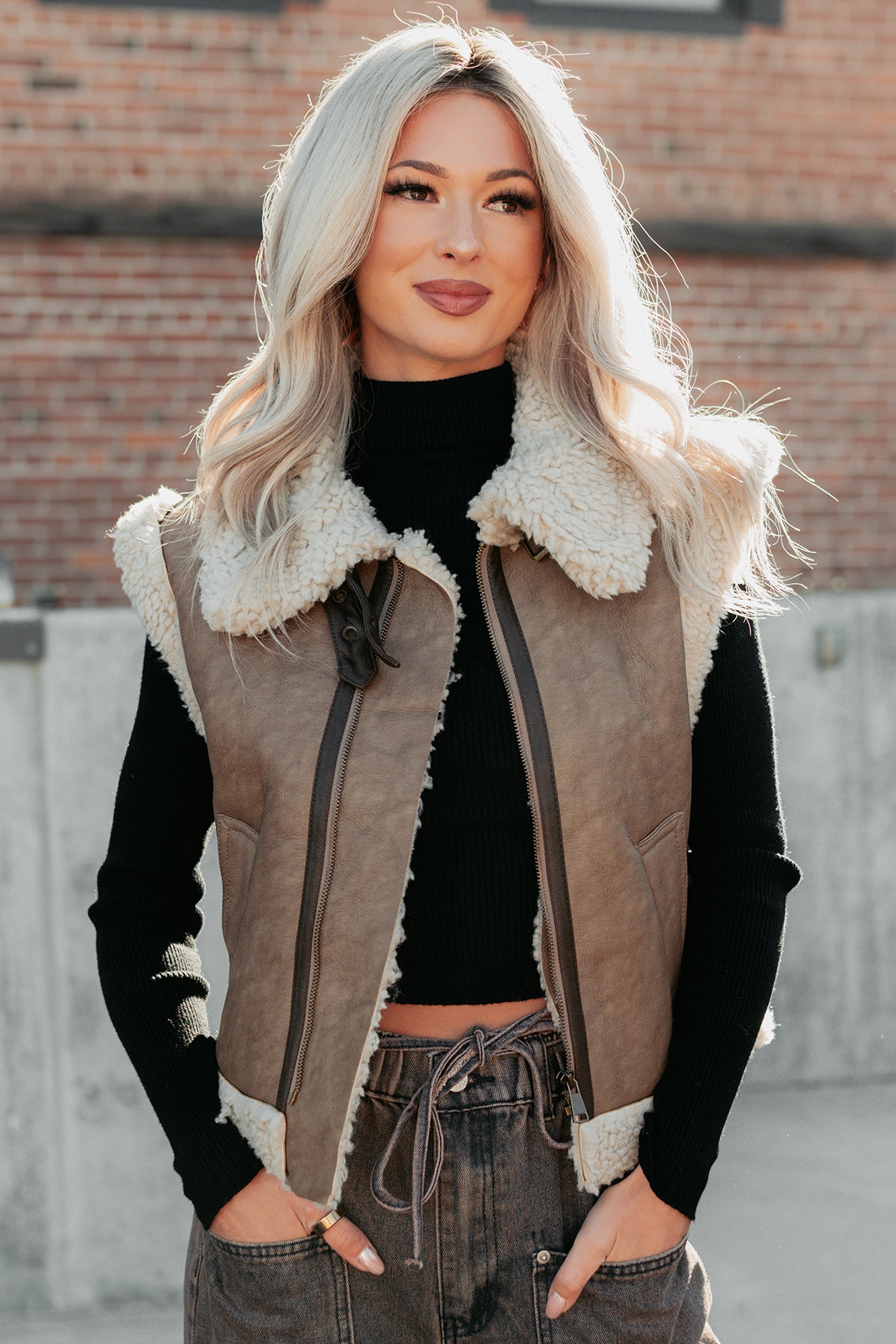 Pure Chill Sherpa Trim Faux Leather Vest (Truffle)-The Formal Wear