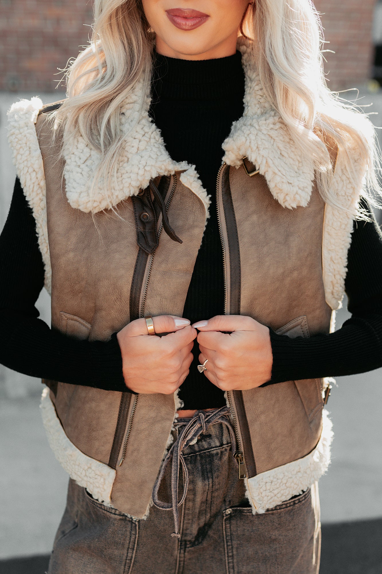 Pure Chill Sherpa Trim Faux Leather Vest (Truffle)-The Formal Wear