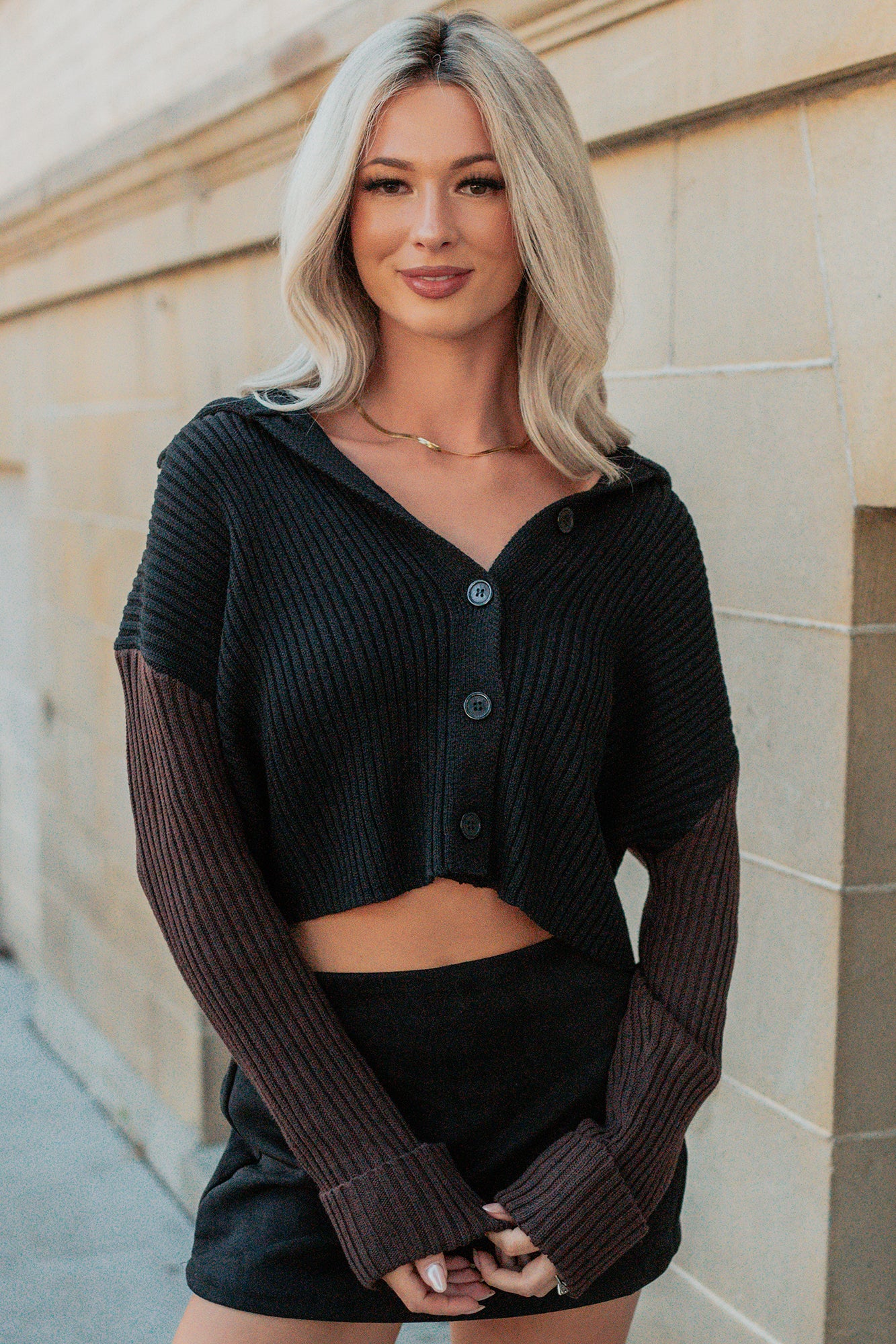 Dream Mirage Contrast Sleeve Cardigan Sweater (Black)-The Formal Wear