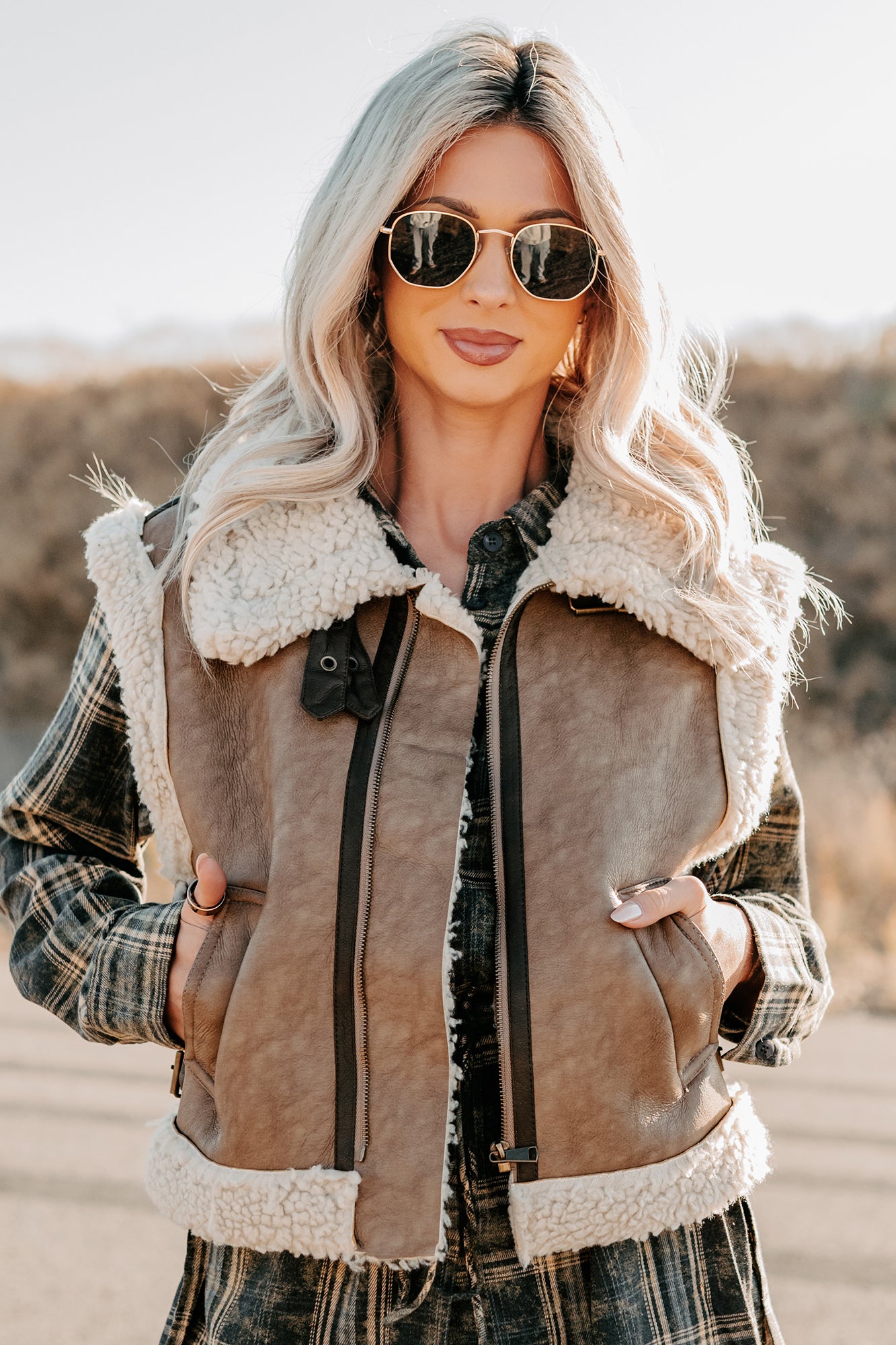 Pure Chill Sherpa Trim Faux Leather Vest (Truffle)-The Formal Wear