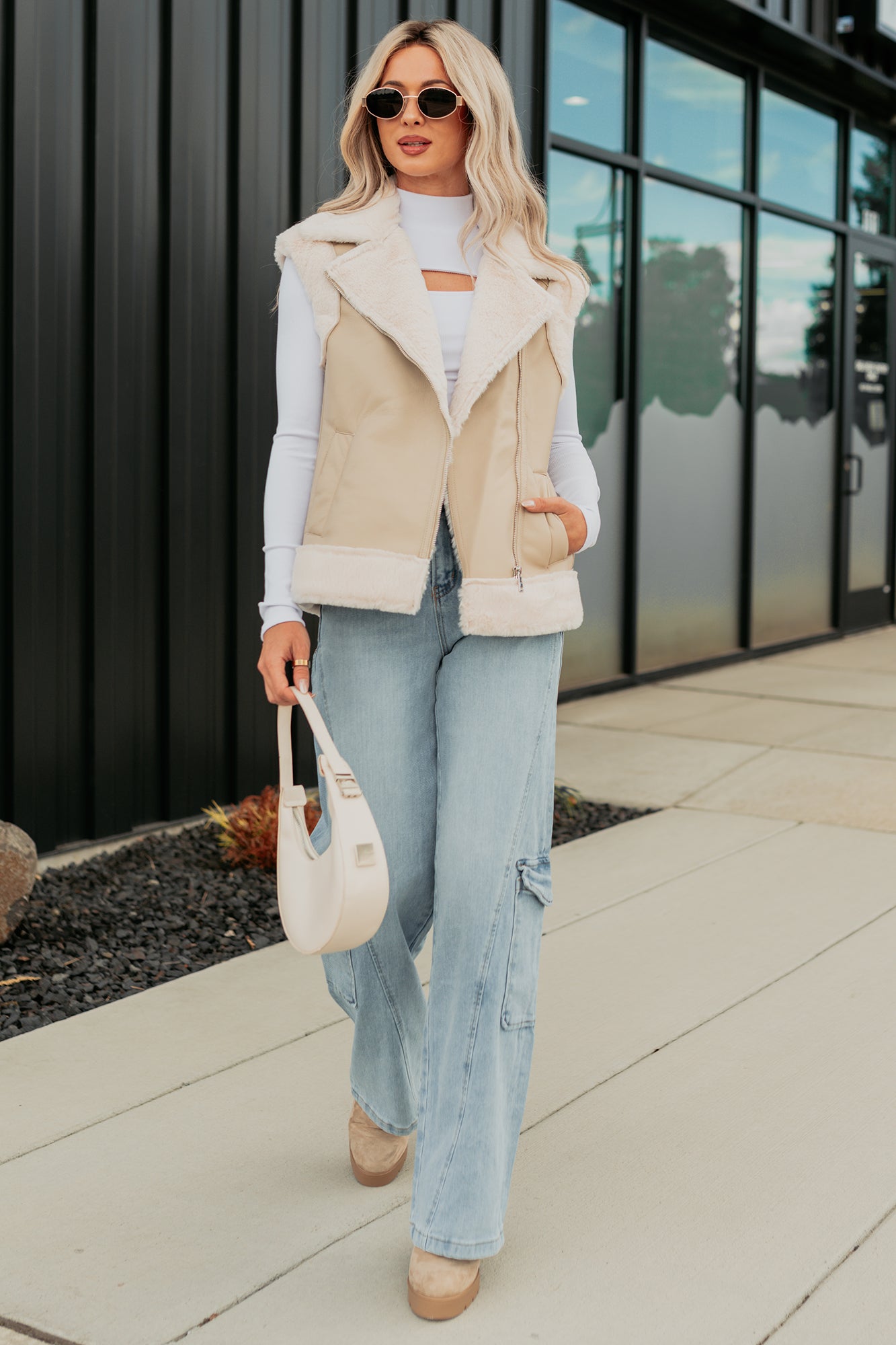 Cabin State Faux Leather Fur Lined Vest (Cream/Taupe)-The Formal Wear