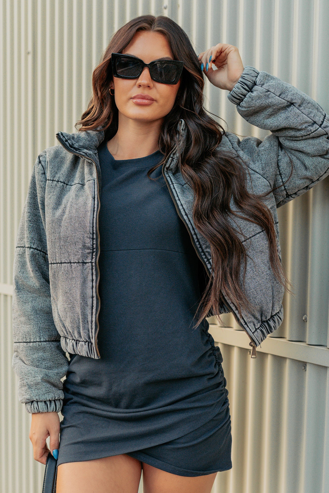 Warm Refuge Denim Cropped Puffer Jacket (Black)-The Formal Wear