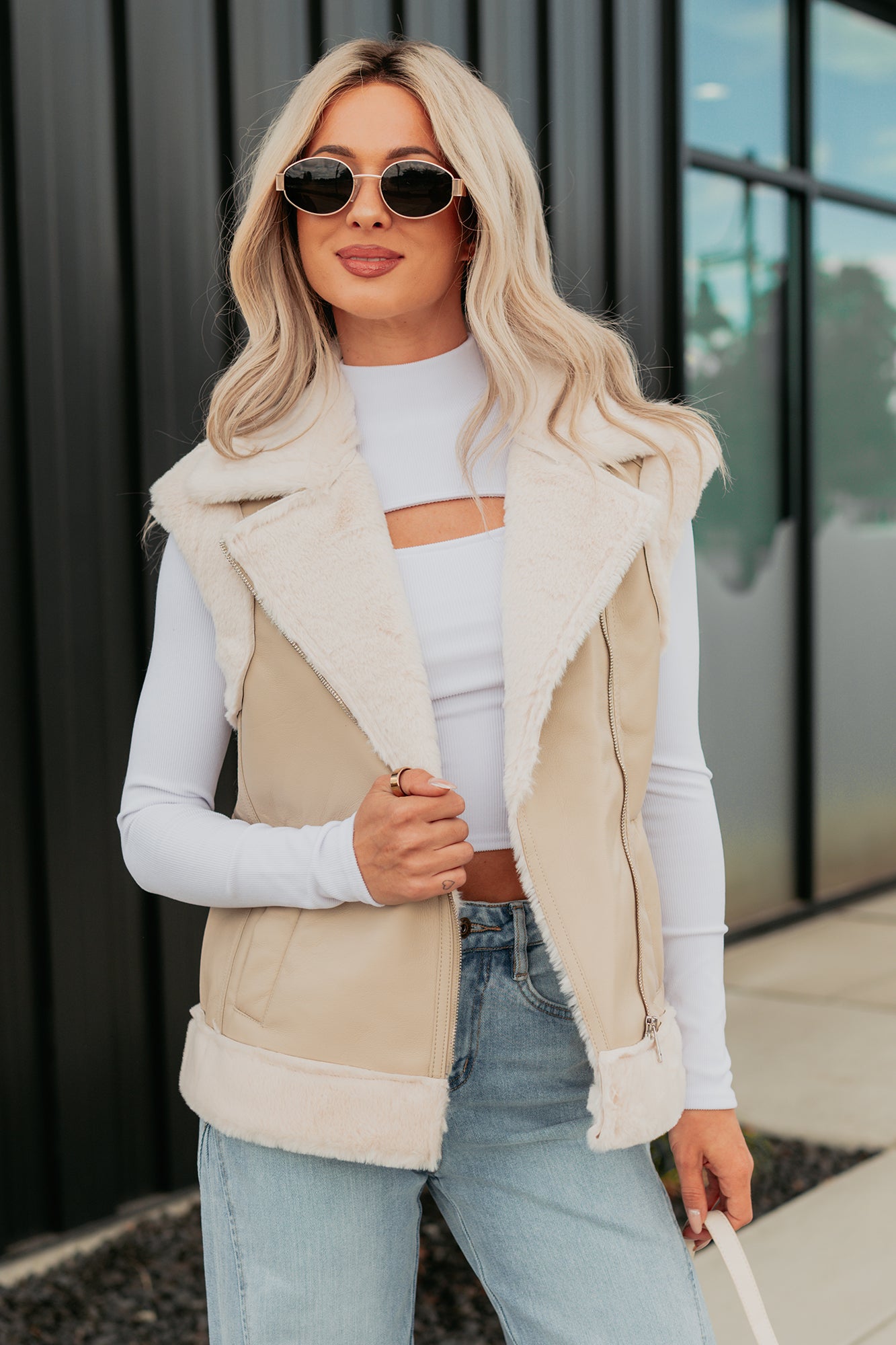 Cabin State Faux Leather Fur Lined Vest (Cream/Taupe)-The Formal Wear