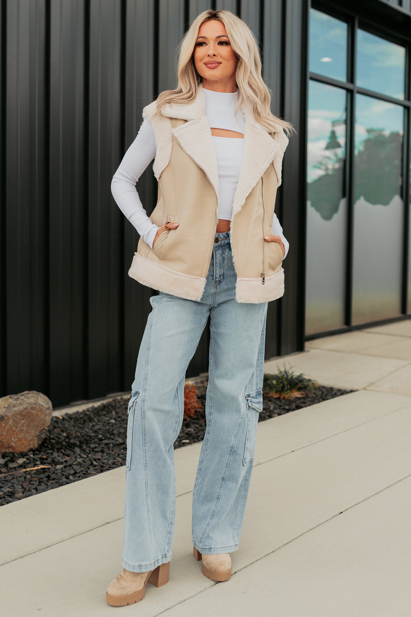 Cabin State Faux Leather Fur Lined Vest (Cream/Taupe)-The Formal Wear