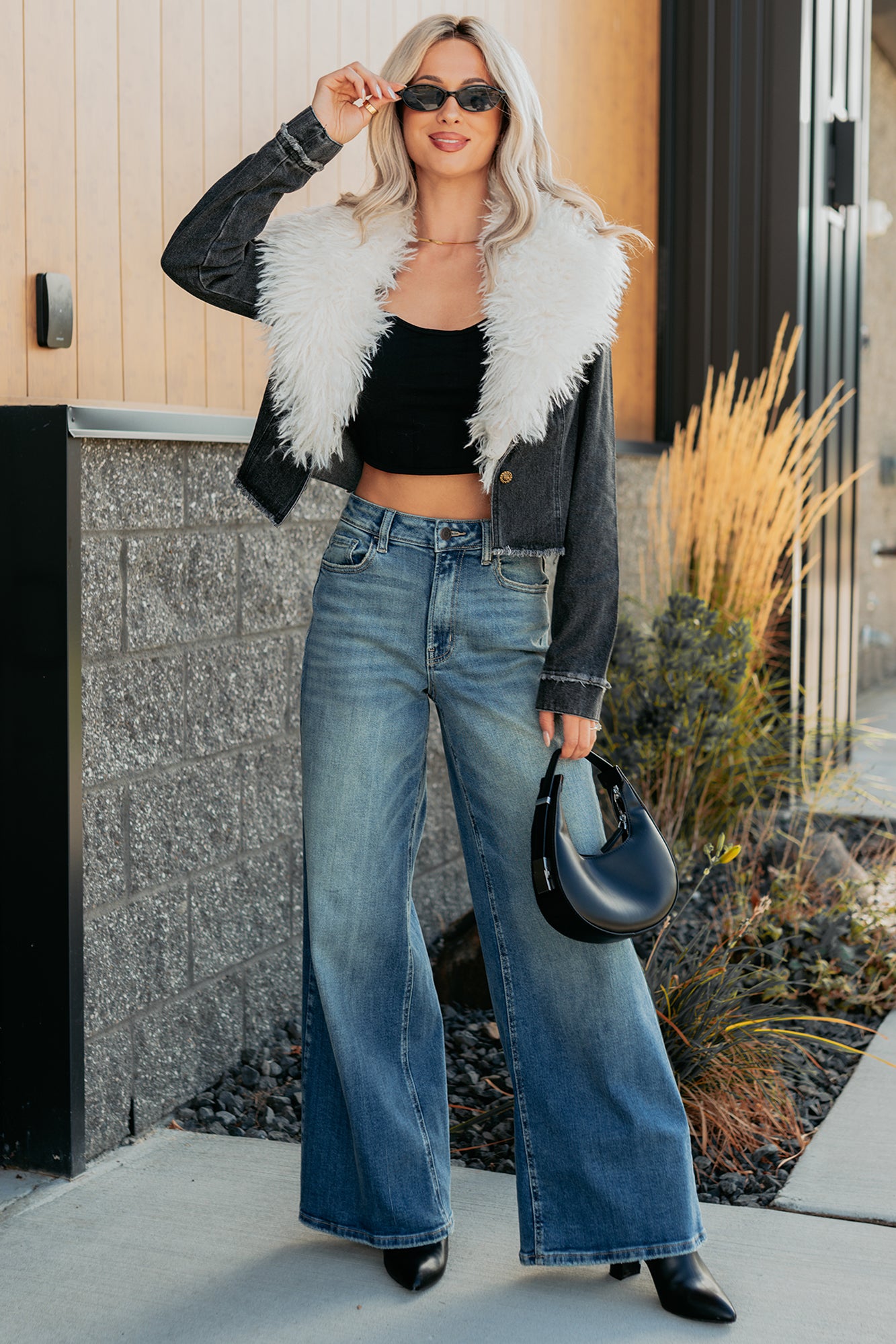 Unapologetic Glow Denim Fur Collar Jacket (Black)-The Formal Wear