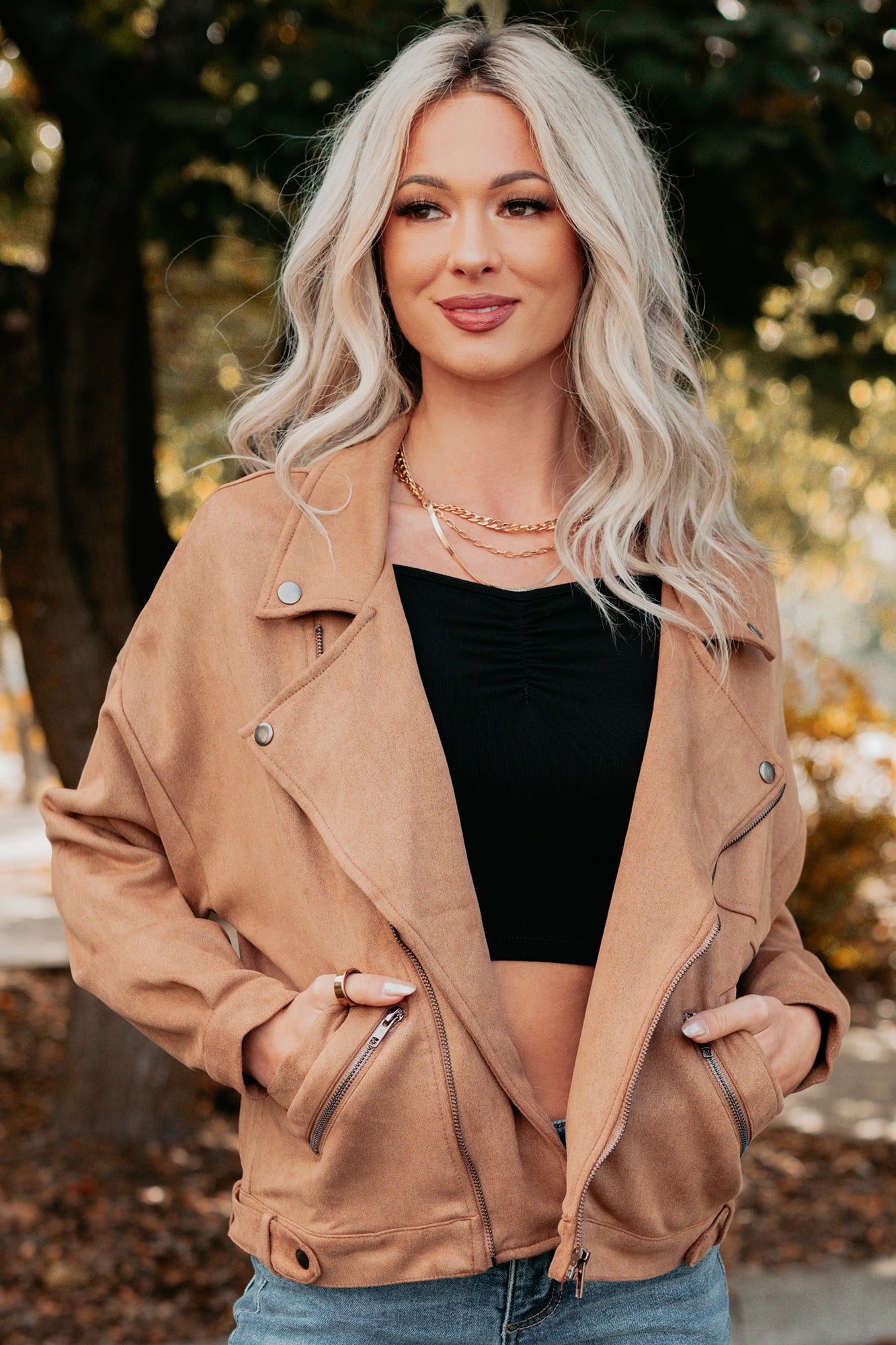 Feeling Jaded Faux Suede Moto Jacket (Camel)-The Formal Wear