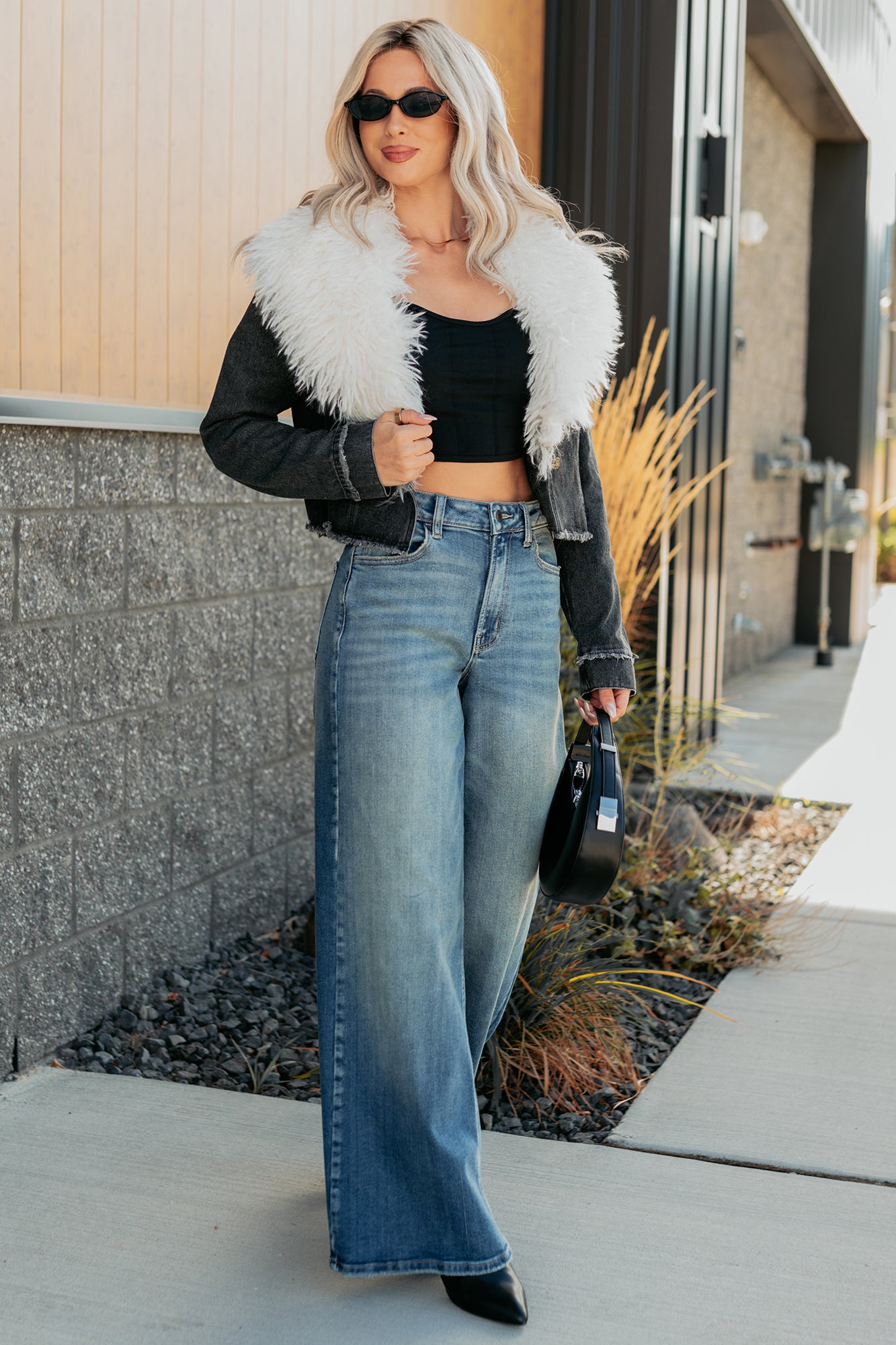 Unapologetic Glow Denim Fur Collar Jacket (Black)-The Formal Wear