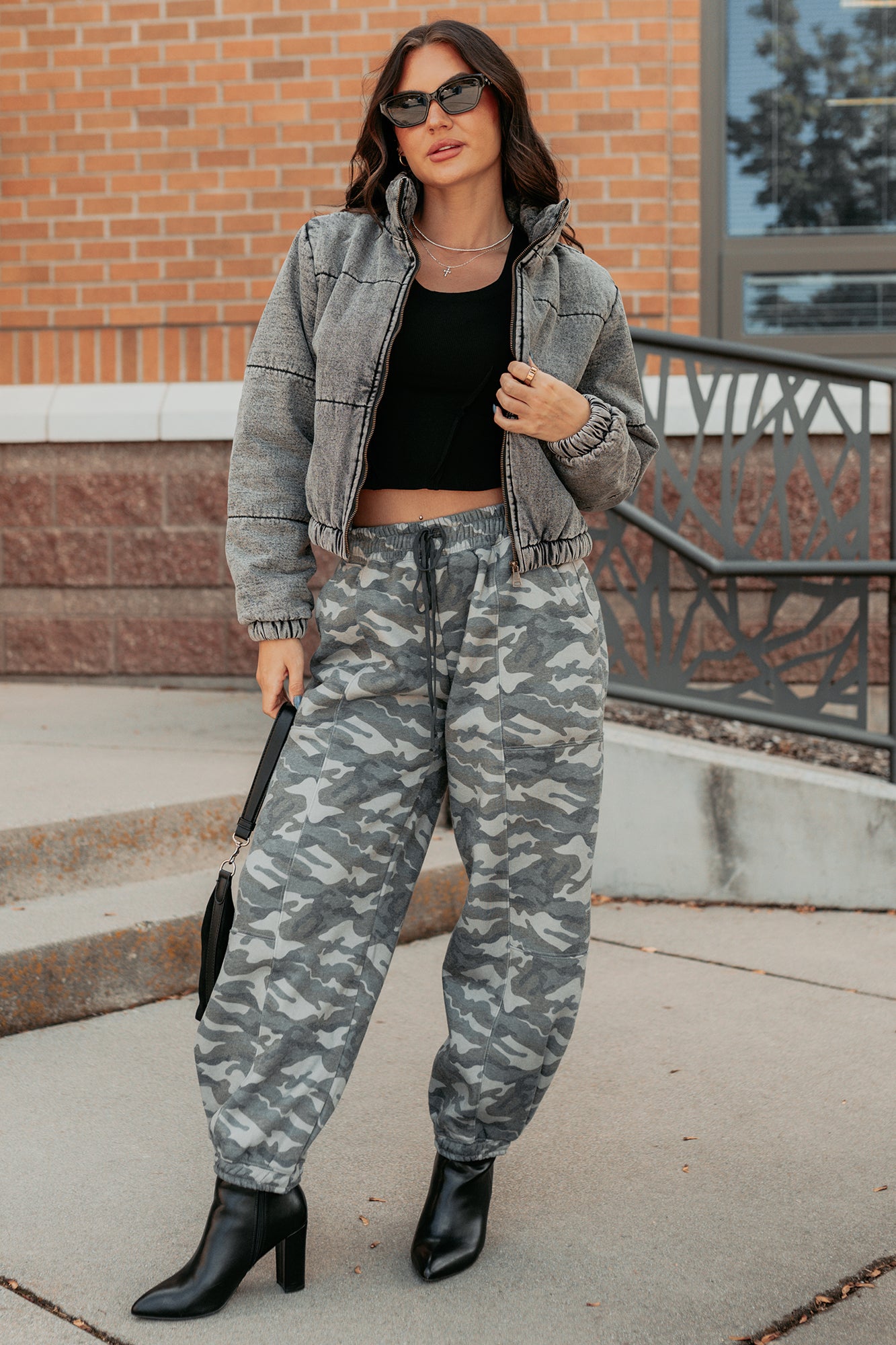 Warm Refuge Denim Cropped Puffer Jacket (Black)-The Formal Wear