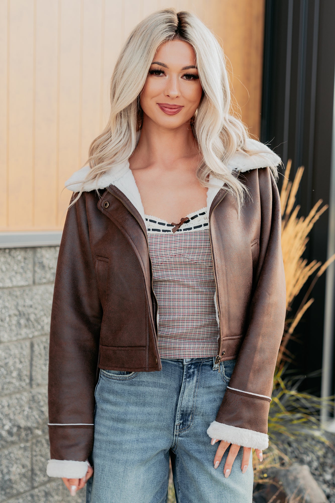 After Dark Faux Suede Fur Lined Jacket (Brown)-The Formal Wear