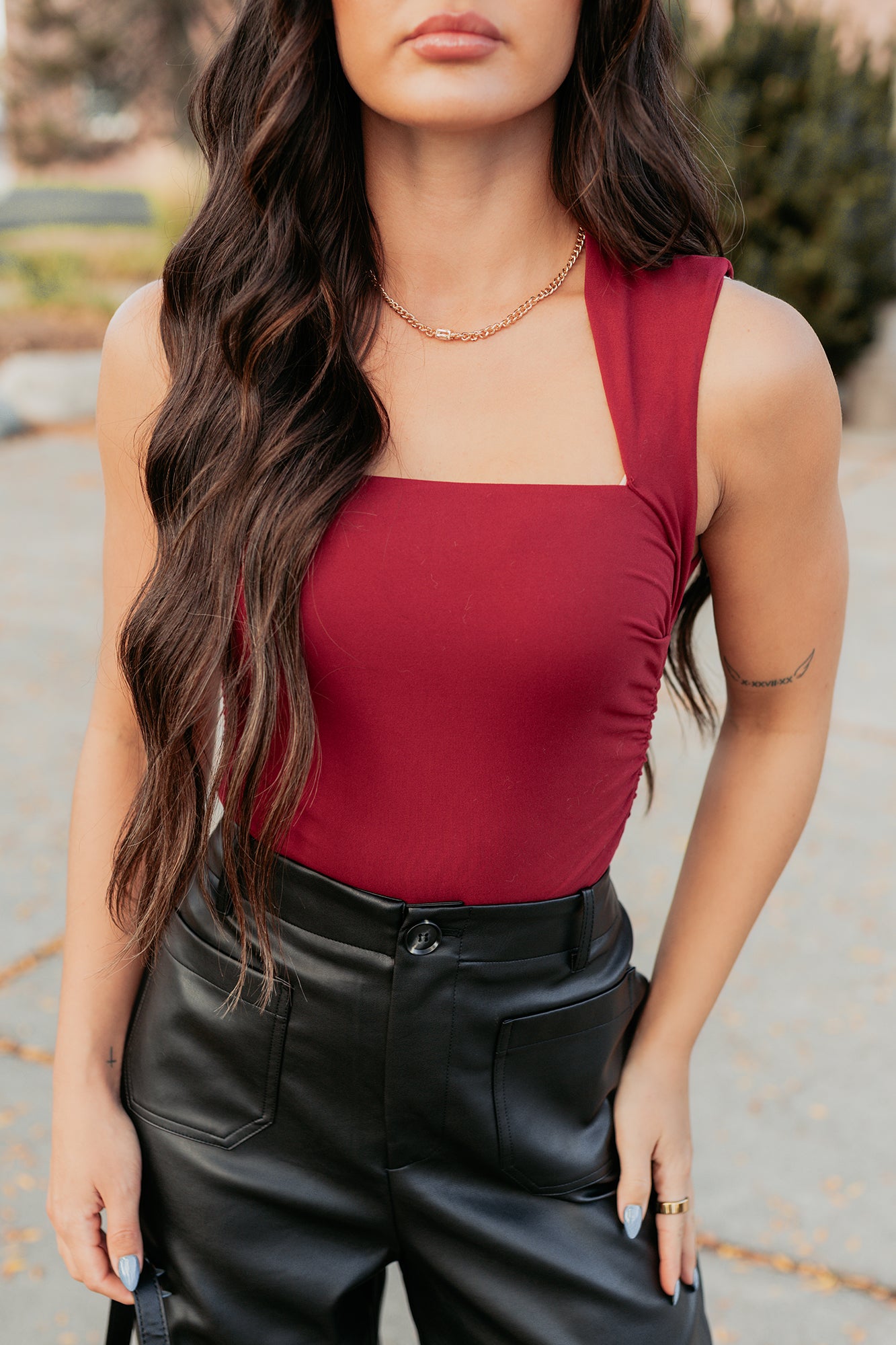Burning Slow Sleeveless Square Neck Bodysuit (Ruby)-The Formal Wear