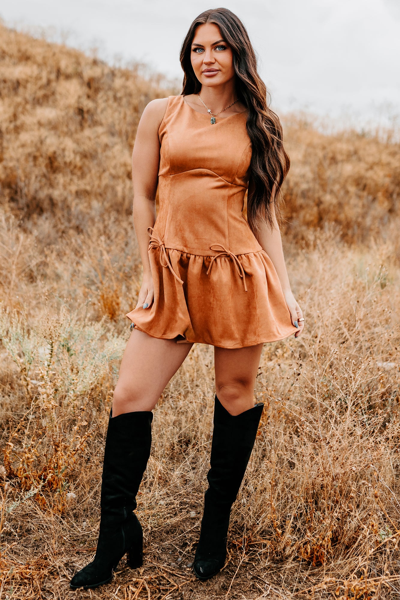 Wish You Luck Sleeveless Faux Suede Mini Dress (Camel)-The Formal Wear