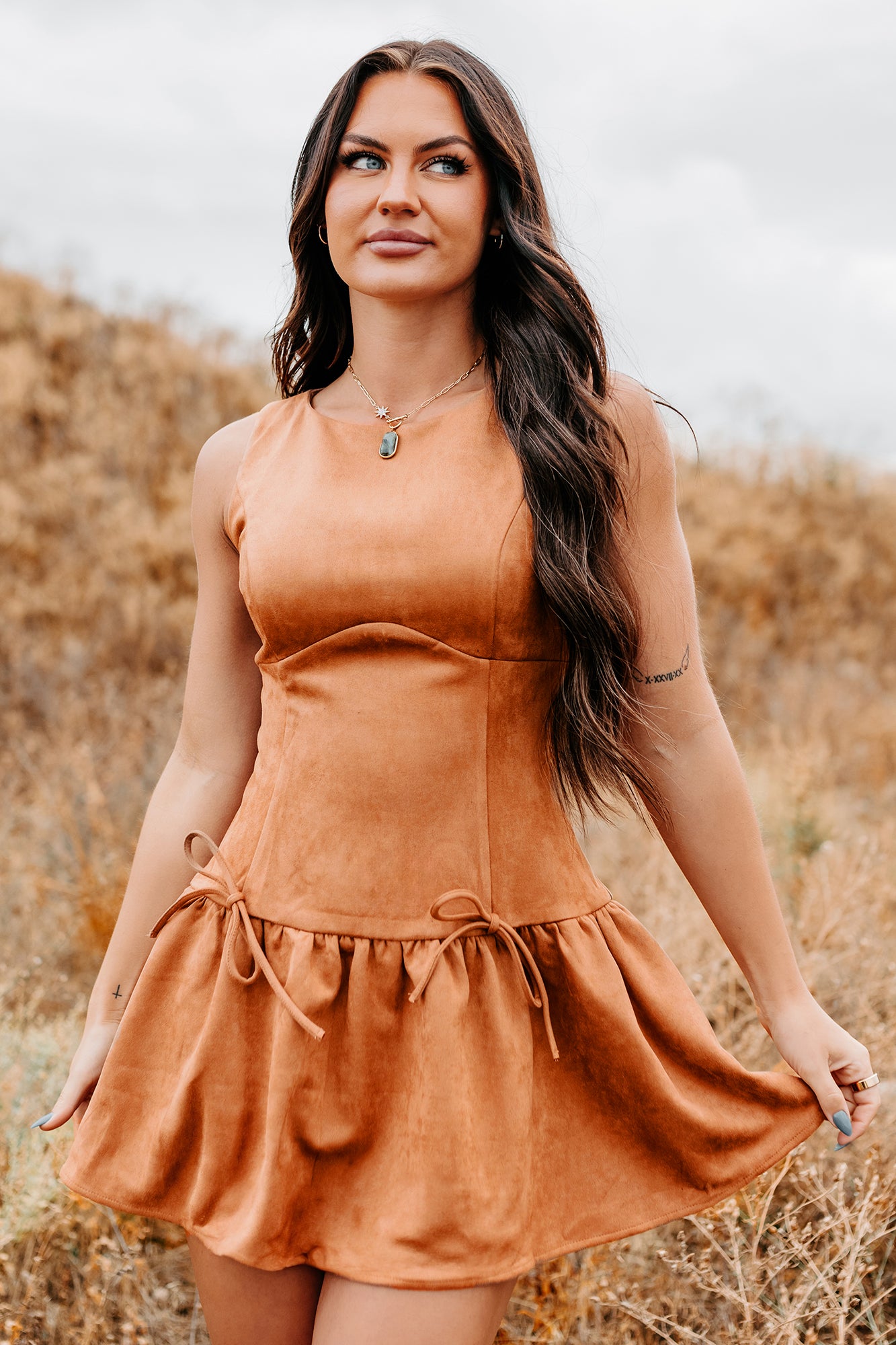 Wish You Luck Sleeveless Faux Suede Mini Dress (Camel)-The Formal Wear