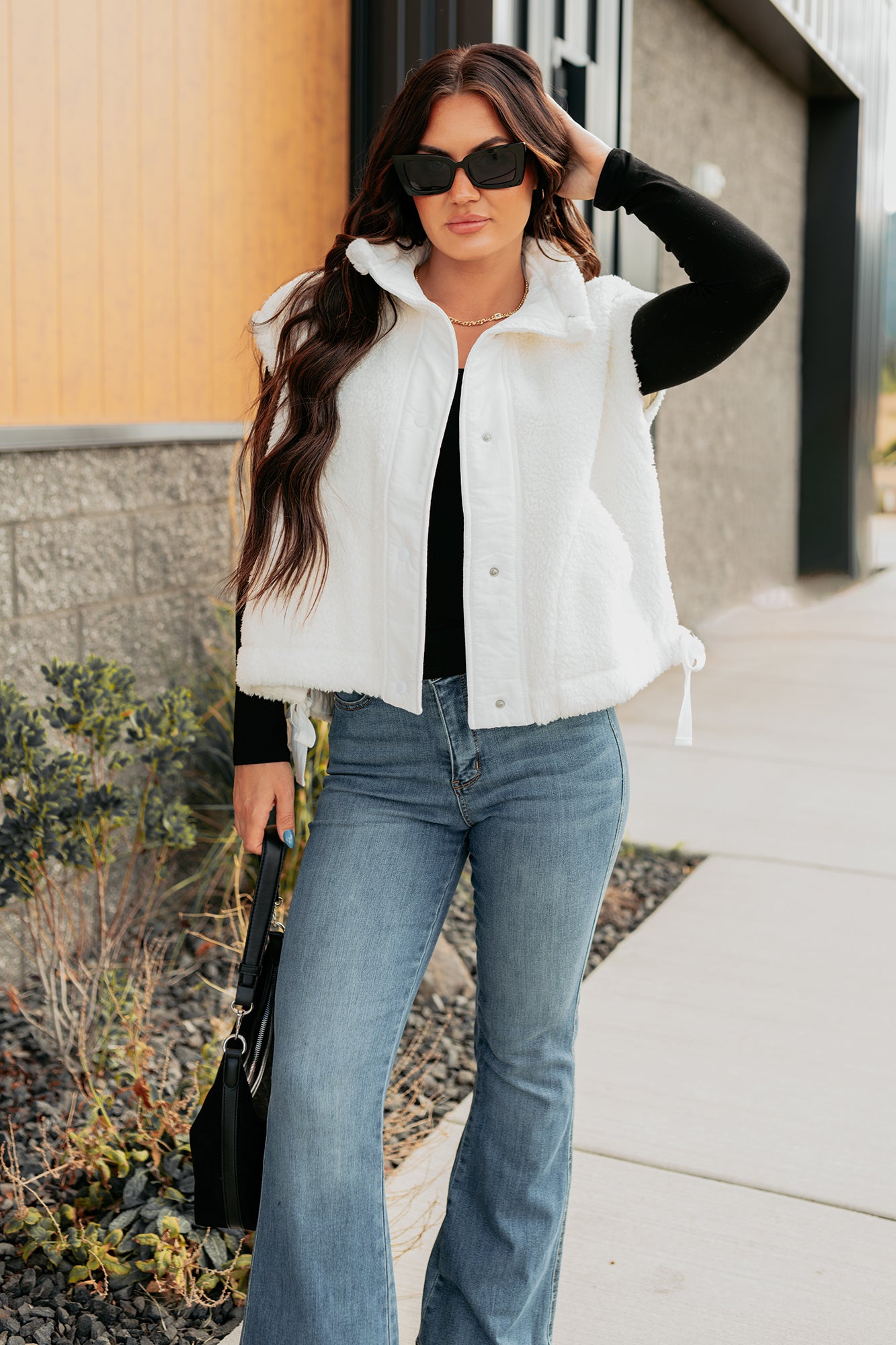 Frosted Glow High Neck Button Up Sherpa Vest (White)-The Formal Wear