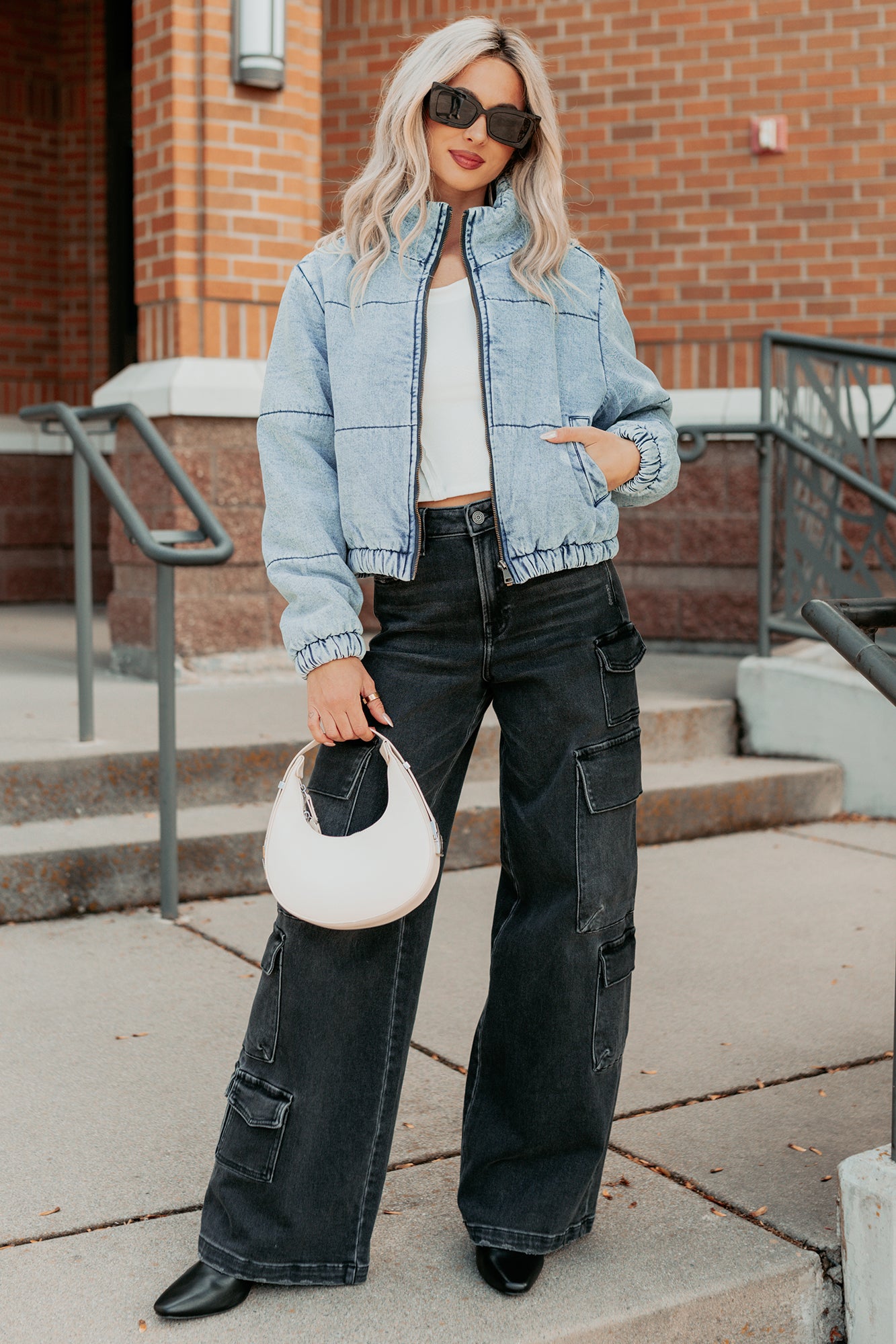 Warm Refuge Denim Cropped Puffer Jacket (Blue)-The Formal Wear