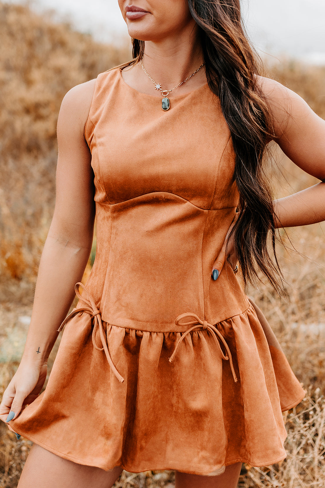 Wish You Luck Sleeveless Faux Suede Mini Dress (Camel)-The Formal Wear