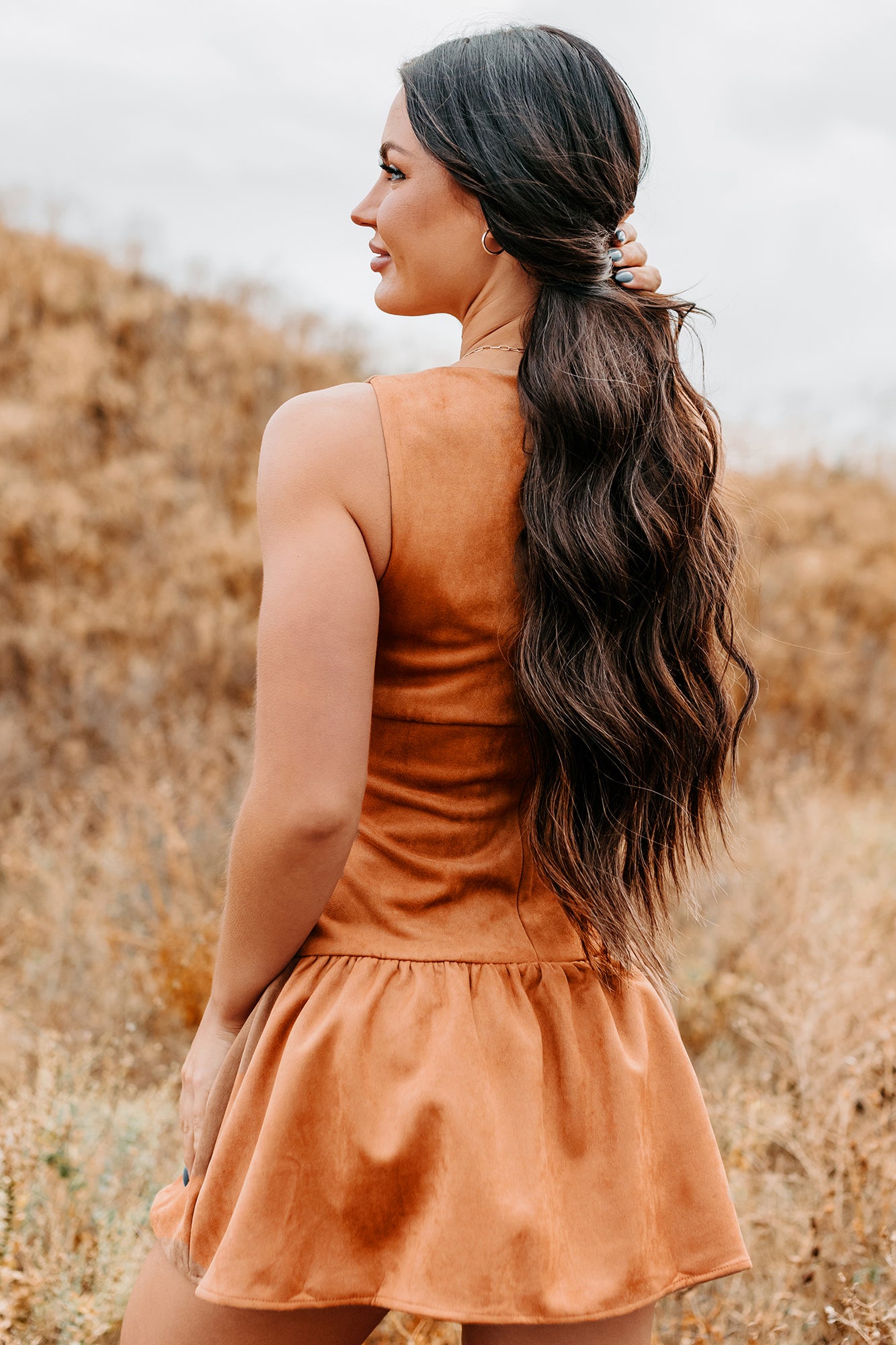 Wish You Luck Sleeveless Faux Suede Mini Dress (Camel)-The Formal Wear