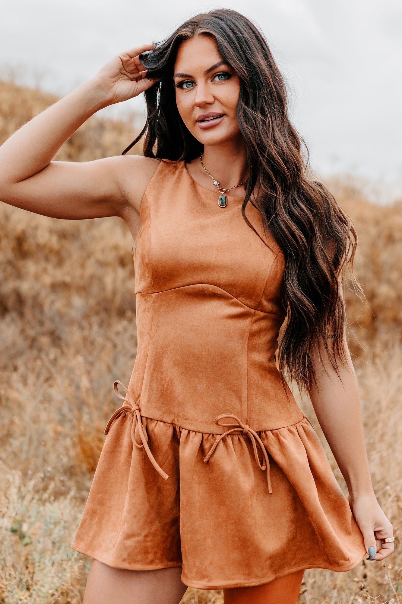 Wish You Luck Sleeveless Faux Suede Mini Dress (Camel)-The Formal Wear