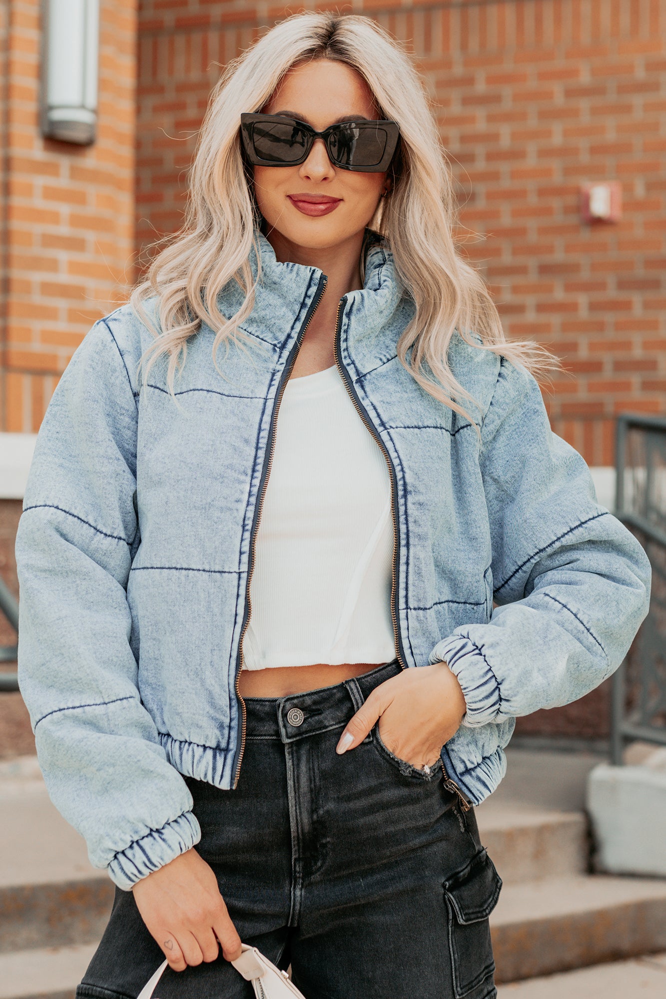 Warm Refuge Denim Cropped Puffer Jacket (Blue)-The Formal Wear