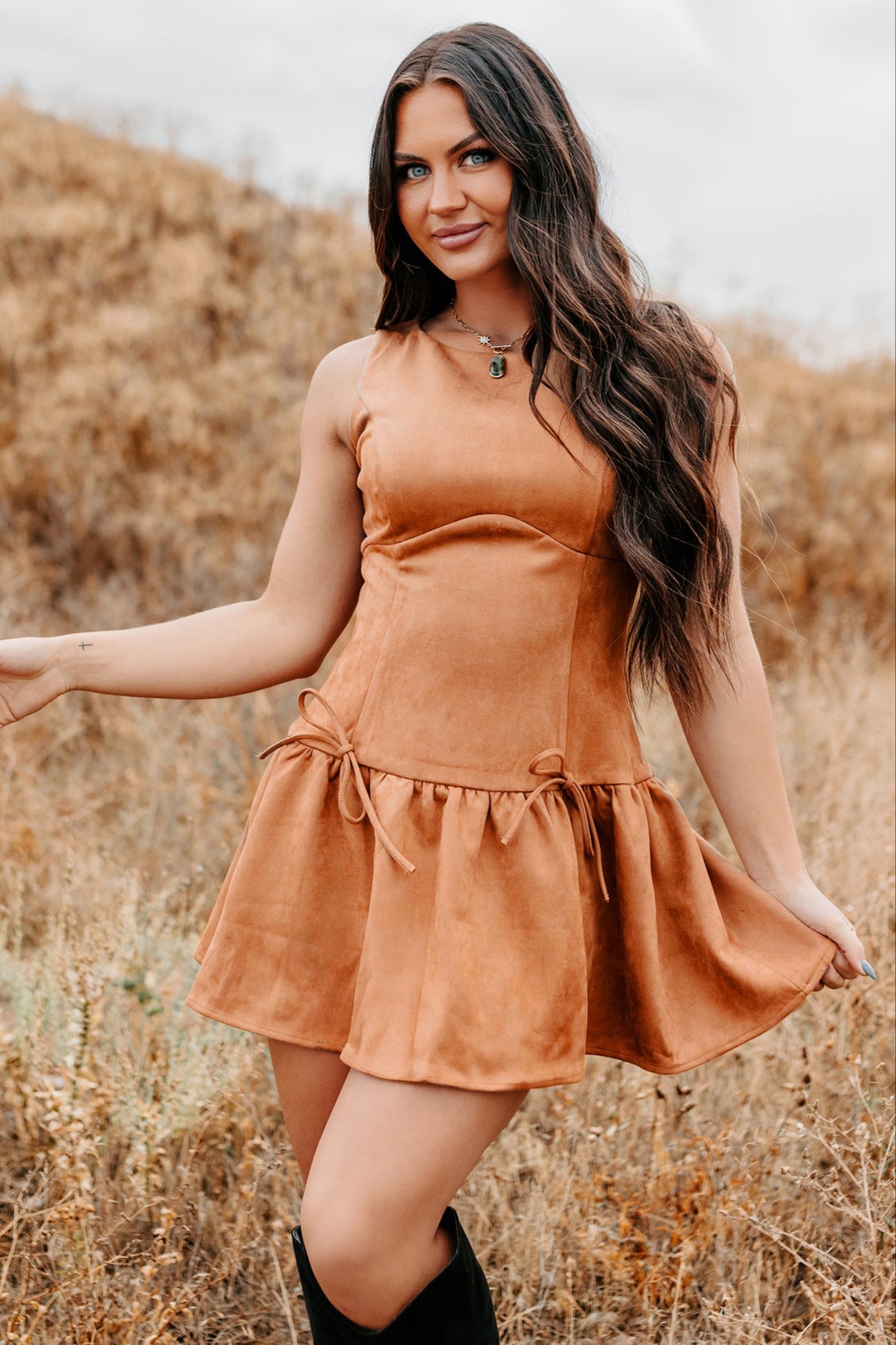 Wish You Luck Sleeveless Faux Suede Mini Dress (Camel)-The Formal Wear