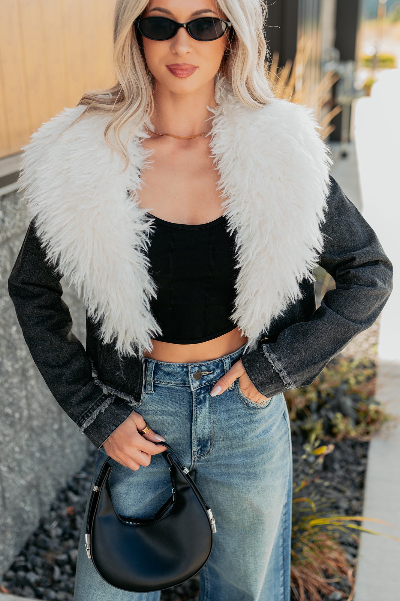 Unapologetic Glow Denim Fur Collar Jacket (Black)-The Formal Wear
