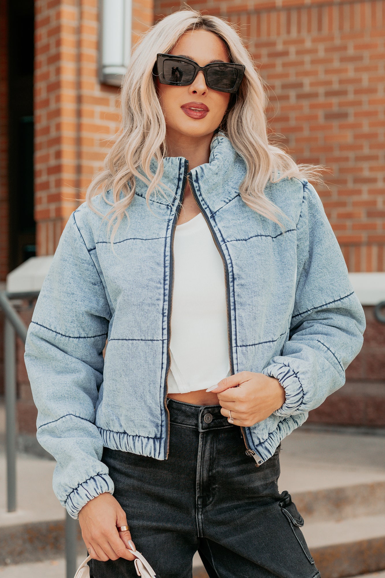 Warm Refuge Denim Cropped Puffer Jacket (Blue)-The Formal Wear