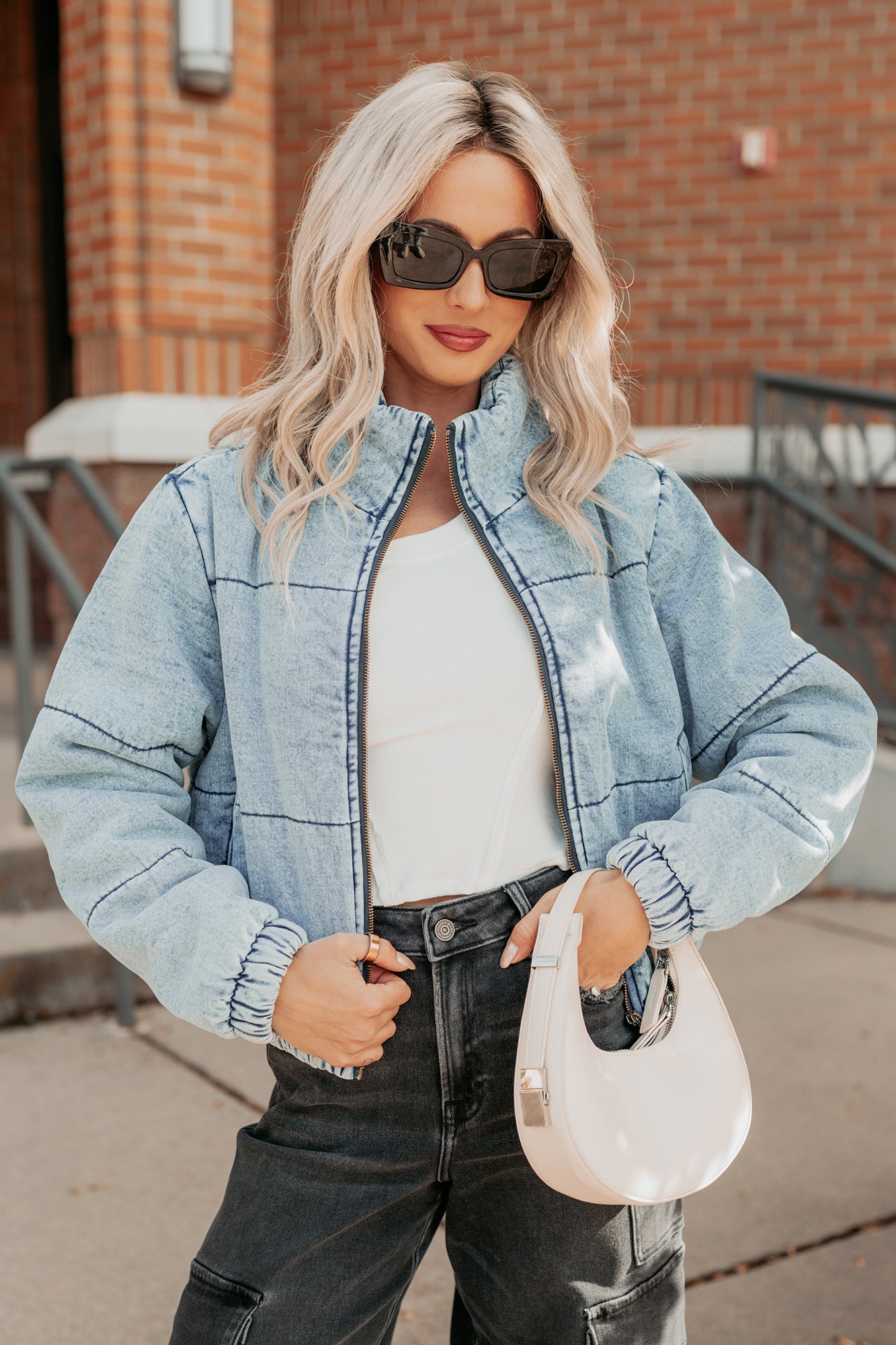 Warm Refuge Denim Cropped Puffer Jacket (Blue)-The Formal Wear