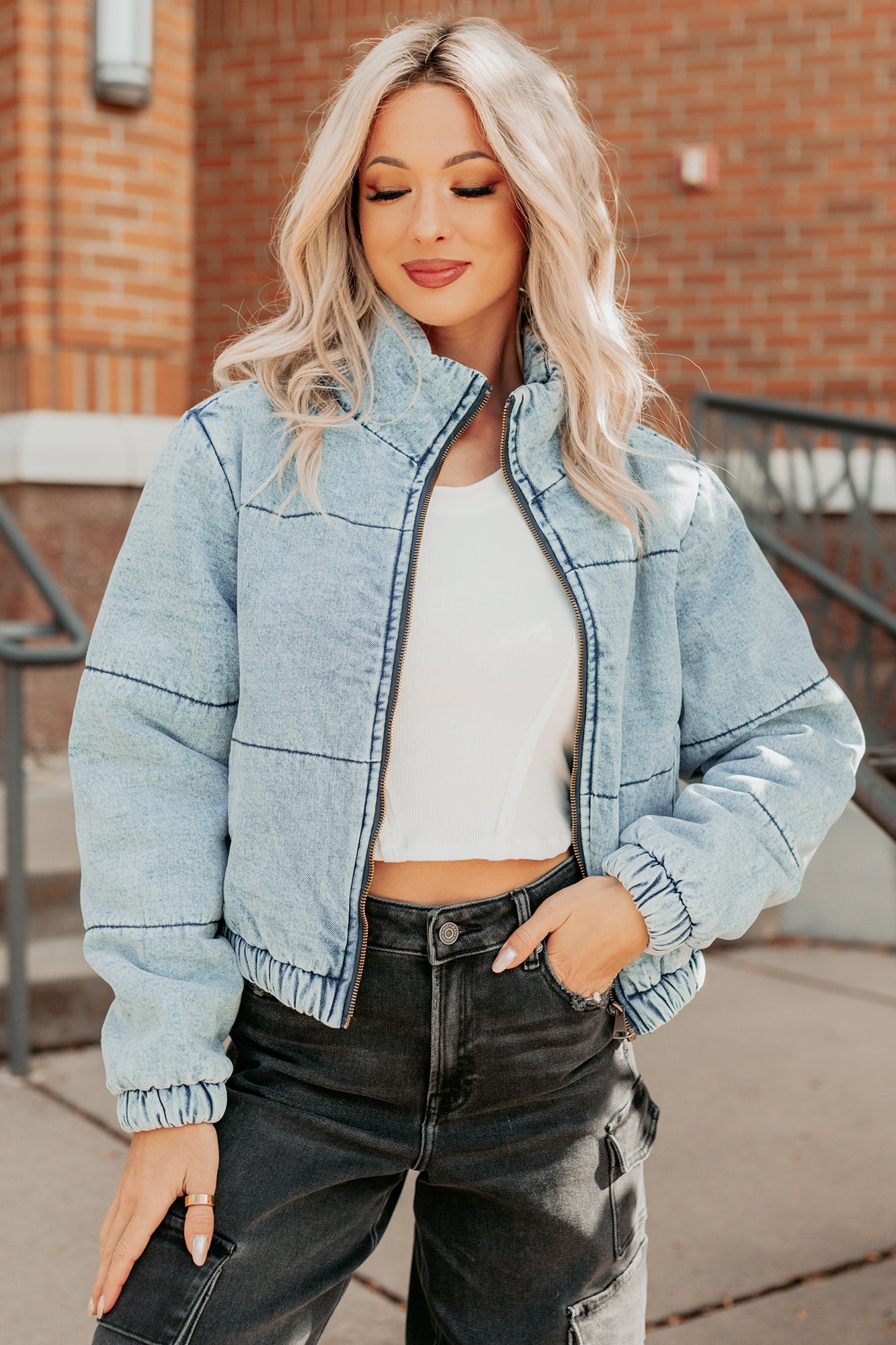 Warm Refuge Denim Cropped Puffer Jacket (Blue)-The Formal Wear