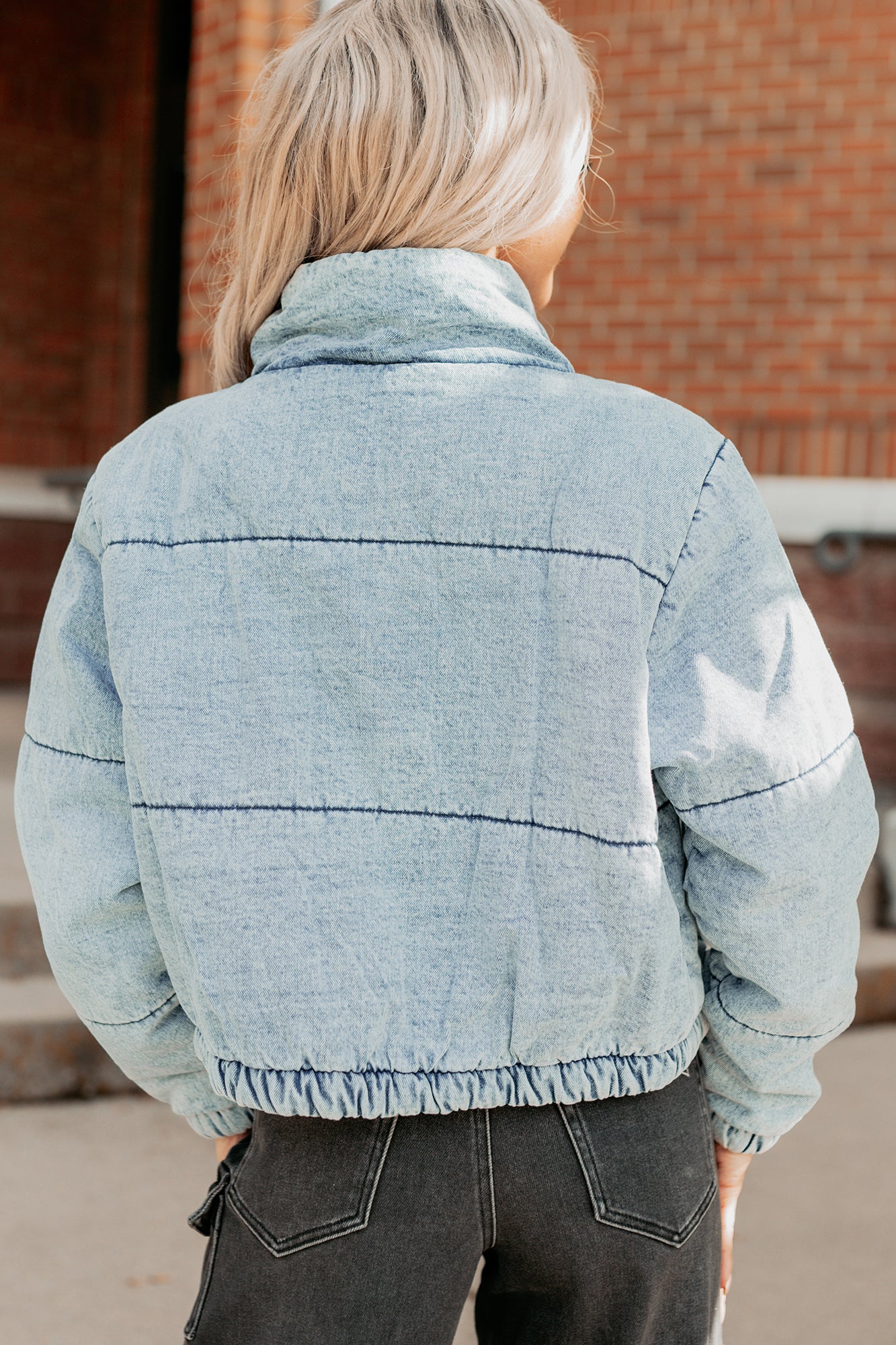Warm Refuge Denim Cropped Puffer Jacket (Blue)-The Formal Wear