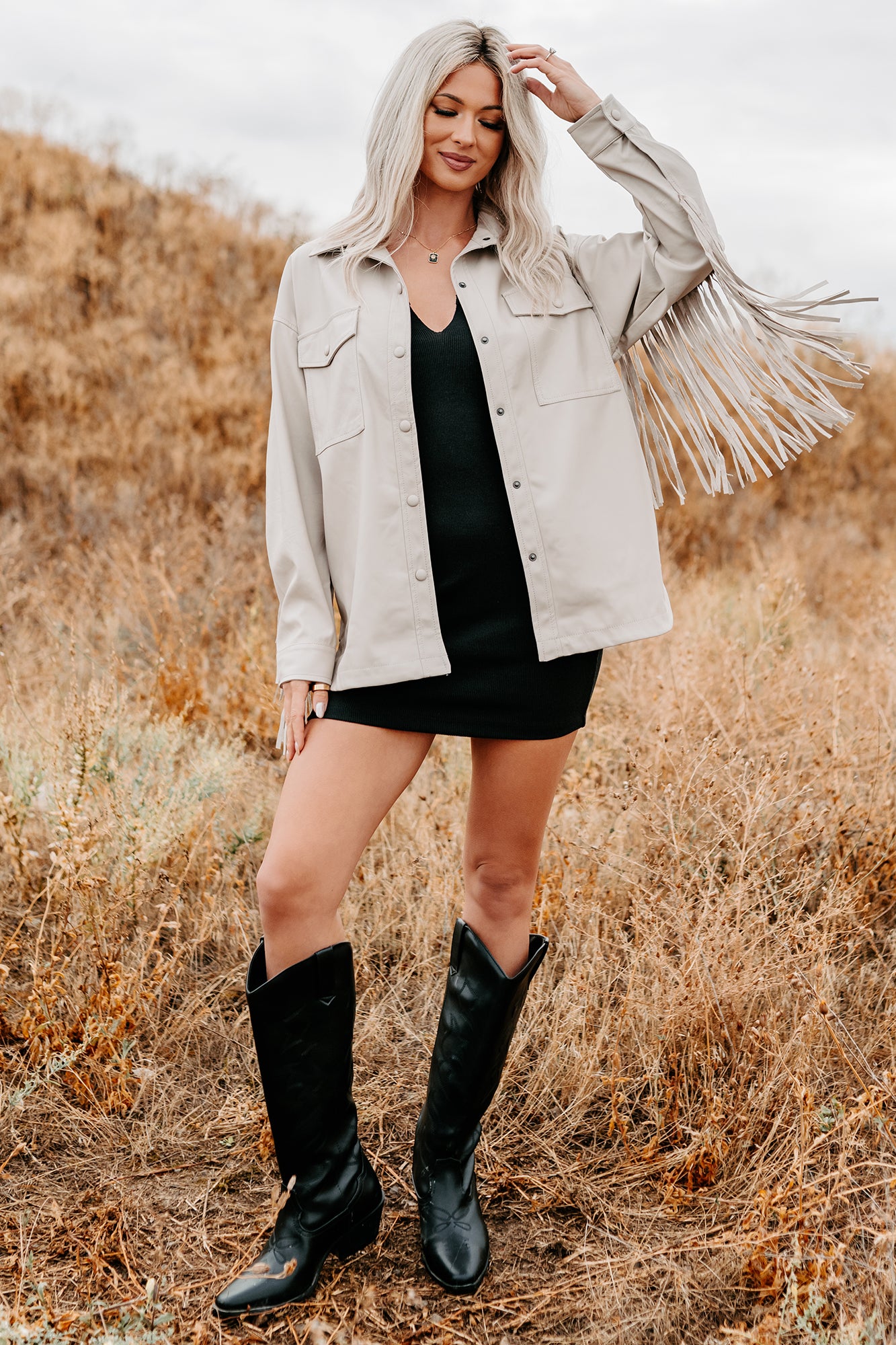 Wild West Whimsy Fringe Faux Leather Jacket (Cream)-The Formal Wear