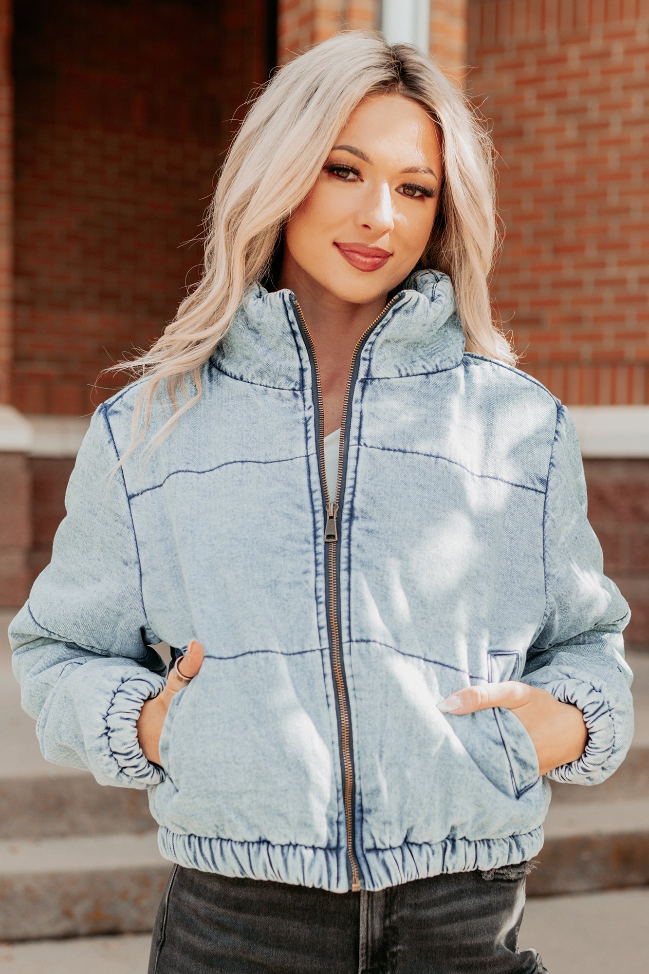 Warm Refuge Denim Cropped Puffer Jacket (Blue)-The Formal Wear