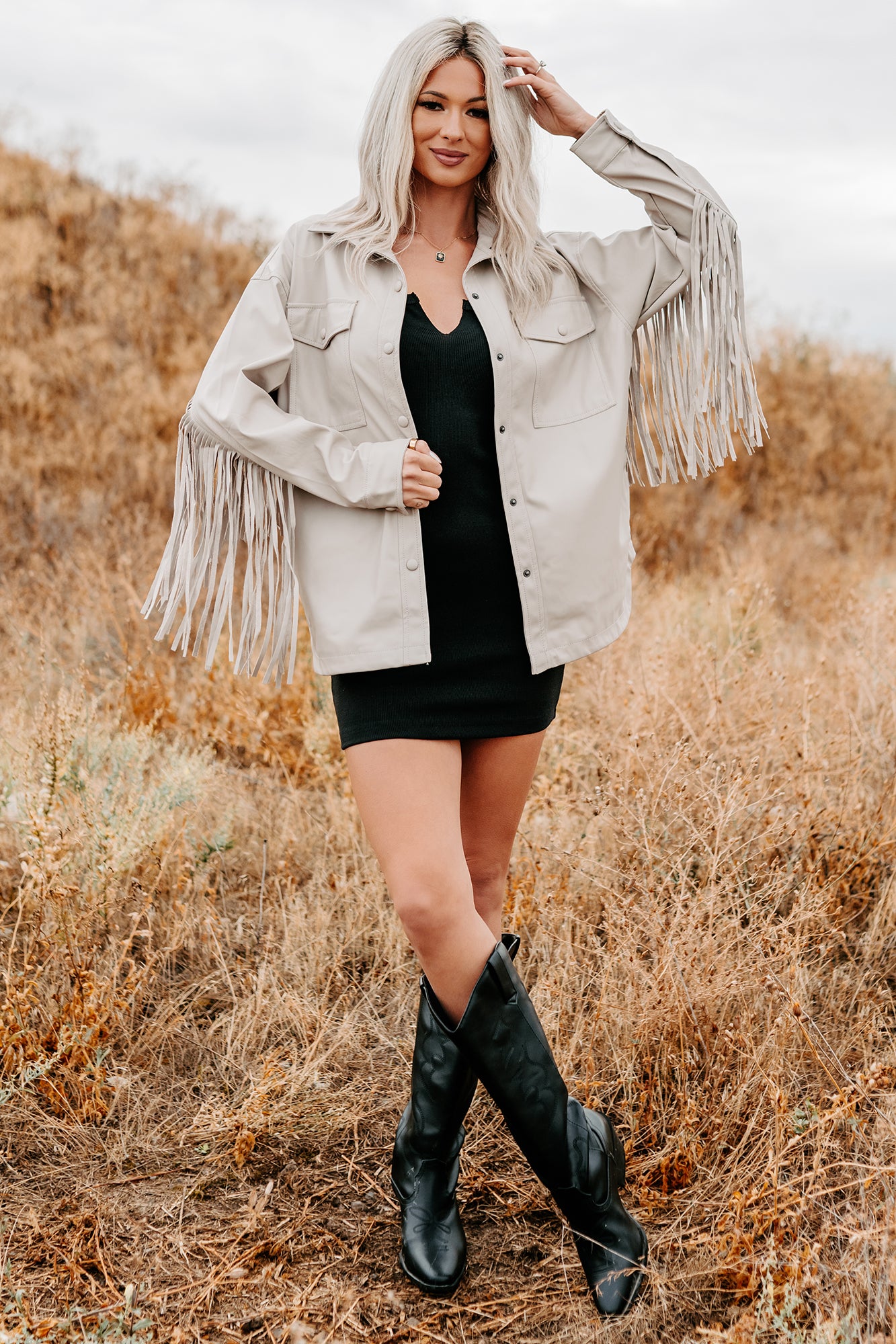 Wild West Whimsy Fringe Faux Leather Jacket (Cream)-The Formal Wear